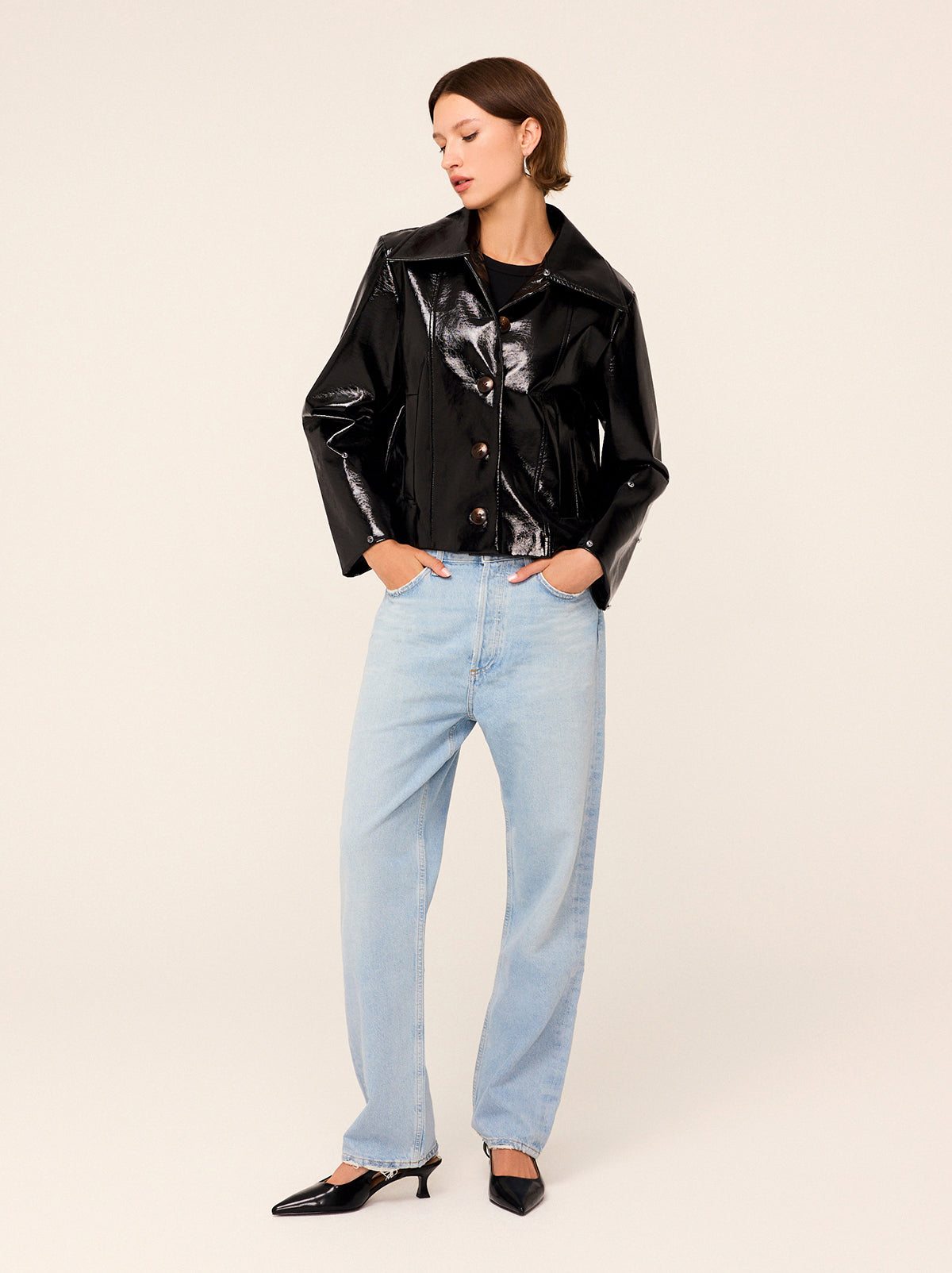 Bonnie Black Vinyl Jacket - Bonnie has a boxy fit and hits the top of your jeans just right. Her detachable shearling collar and cuffs add even more retro appeal. 