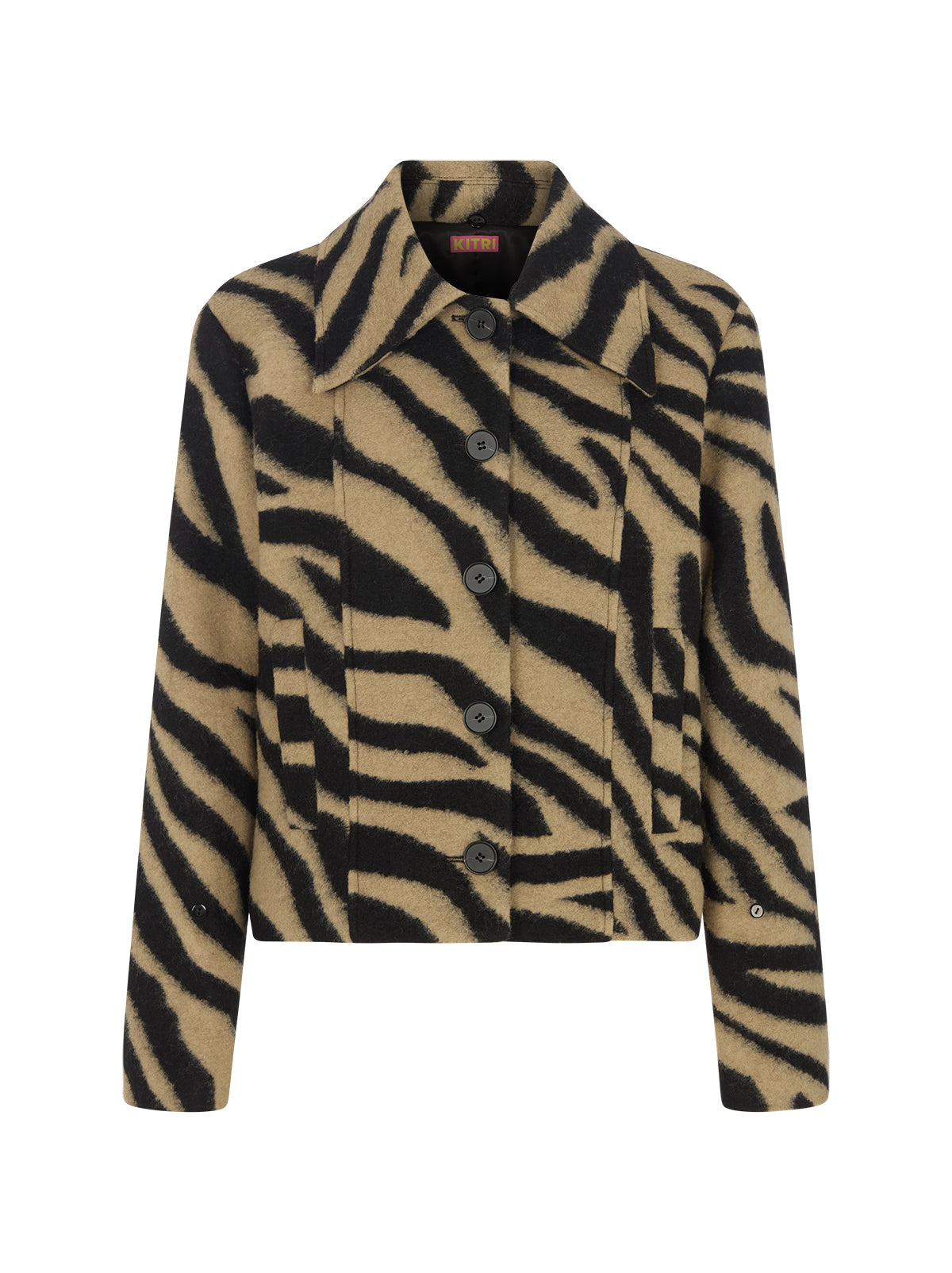 Bonnie Zebra Wool-Blend Jacket by Kitri Studio. Bestselling Bonnie returns in a bold zebra update, cut from a soft wool-blend for all-day comfort with a luxe finish.  Designed with a boxy silhouette, it’s detailed with detachable dark chocolate faux-fur trims at the collar and cuffs for a touch of drama. Collared neckline. Long sleeves. Button front. Main: 30% Wool, 70% Polyester Faux Fur: 100% Polyester.