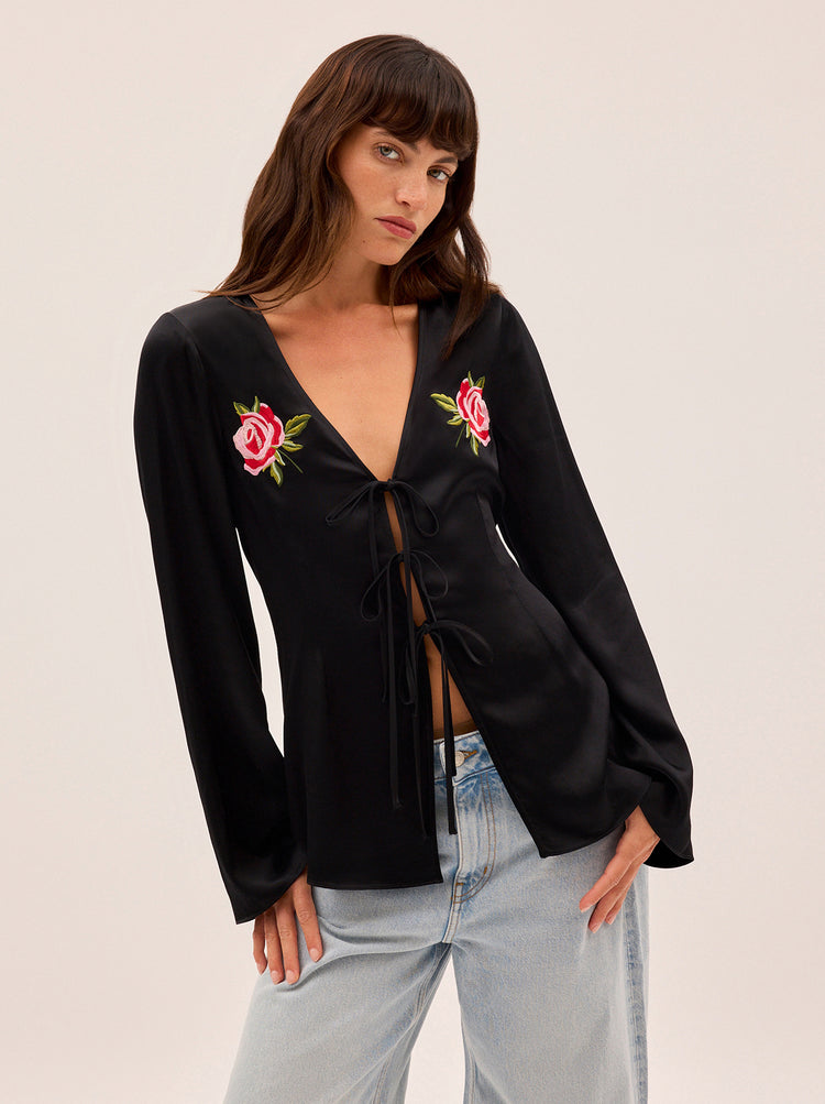 Brooke Embroidered Black Satin Top