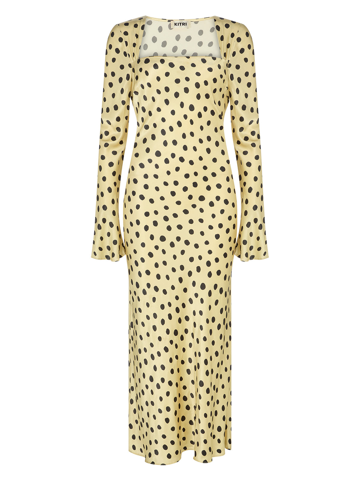 Camille Butter Polka Dot Satin Dress by Kitri Studio. Cut on the bias for a fluid, body-skimming fit, the Camille dress is crafted from lustrous viscose satin in a timeless butter-based polka dot print.  The square neckline adds a touch of elegance, while long, flared sleeves add a touch of drama and movement. Square neckline. Flared sleeves. Concealed side-zip. 100% Viscose Satin.