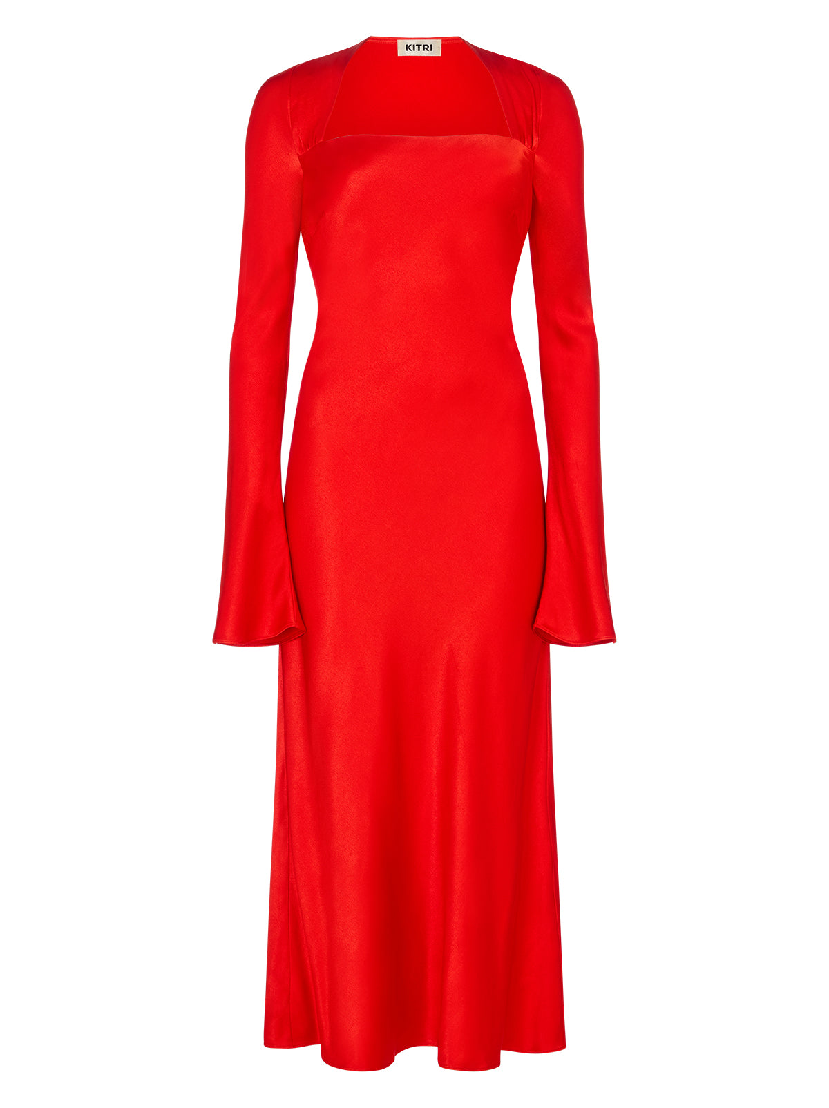Camille Red Satin Dress by Kitri Studio. Cut on the bias for a fluid, body-skimming fit, the Camille dress is crafted from lustrous viscose satin in a vibrant, head-turning red.  The square neckline adds a touch of elegance, while long, flared sleeves add a touch of drama and movement. Square neckline. Flared sleeves. Concealed side-zip. 100% Viscose Satin.