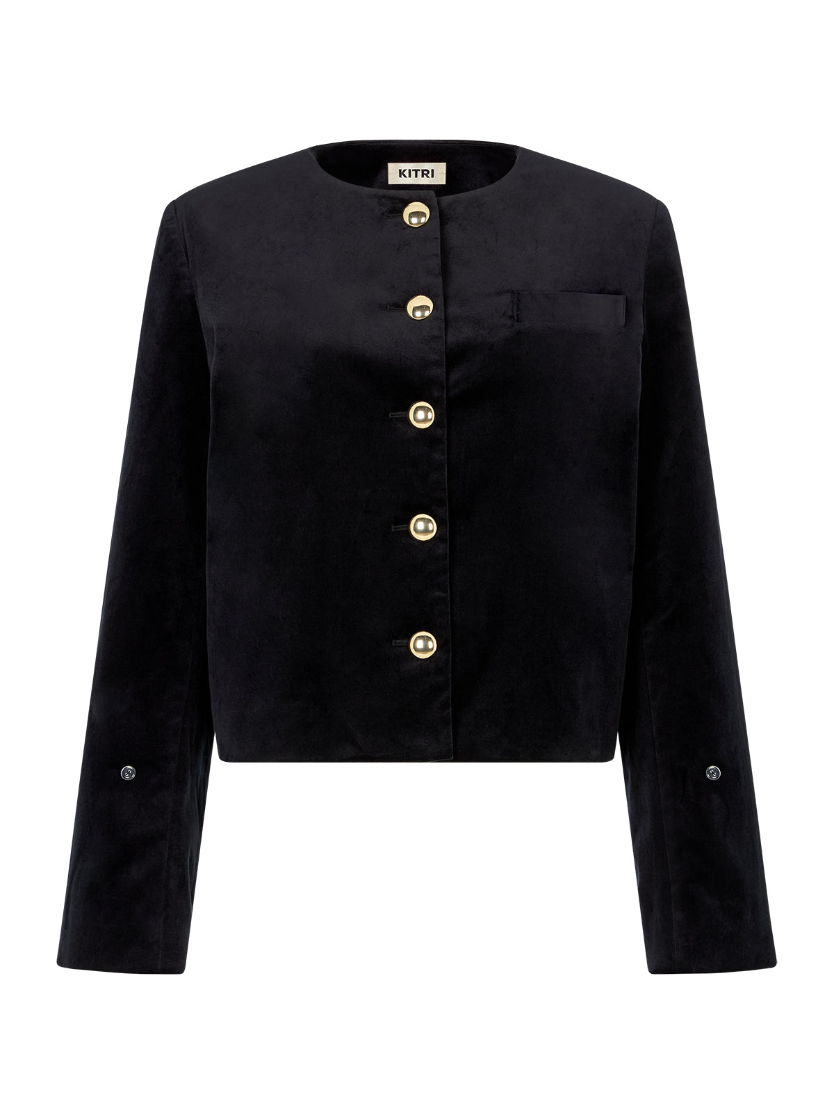 Claudette Black Velvet Boxy Jacket by Kitri Studio. Add a touch of Parisian polish to your wardrobe with the Claudette Jacket.  Crafted from black cotton velvet, this boxy silhouette is elevated with statement gold buttons for a timeless yet modern finish. Round neck. Long sleeves. Button front. 100% Cotton Velvet.