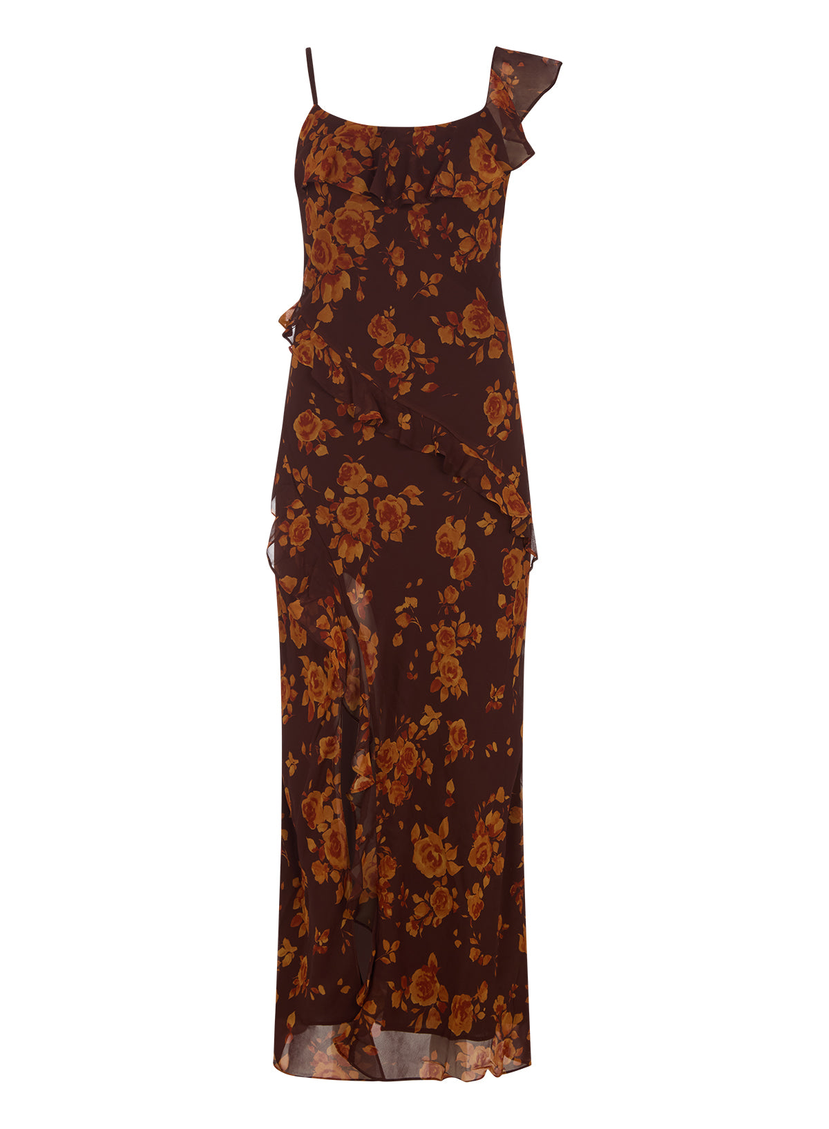 Delphina Autumn Rose Print Dress by Kitri Studio. Meet the dress everyone will be asking about.  The Delphina Dress is romantic maxi dress cut in a lightweight, fluid fabric and fully lined for a seamless fit. Scoop neck. Spaghetti straps. Concealed side-zip. 100%% Viscose Georgette.
