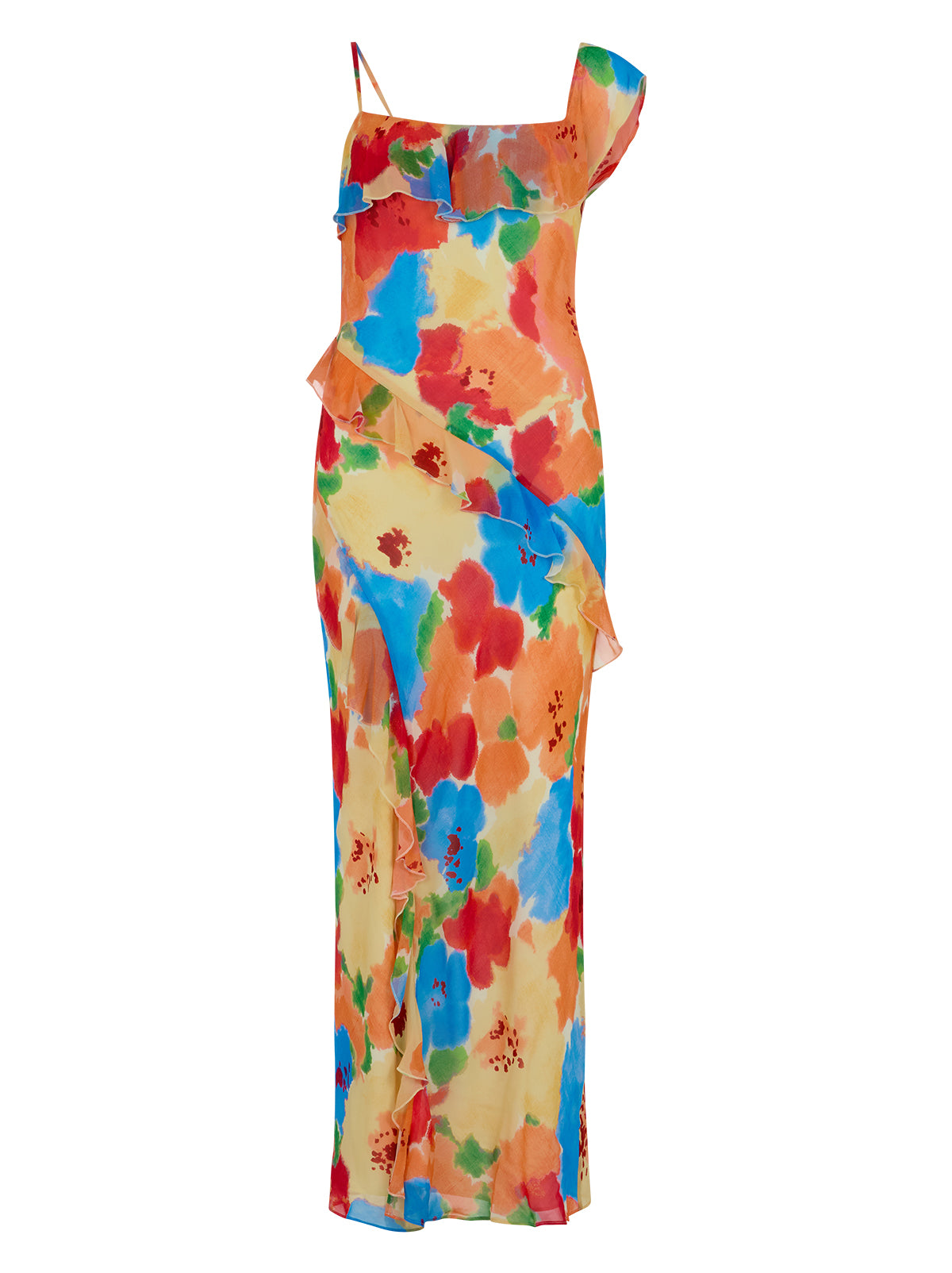 Delphina Watercolour Floral Dress by Kitri Studio. Meet the dress everyone will be asking about.  The Delphina Dress is a bold new silhouette in our exclusive in-house watercolour floral print - designed to feel like wearable art. Spaghetti straps. Concealed side-zip. Fully lined. 100% Viscose Georgette.