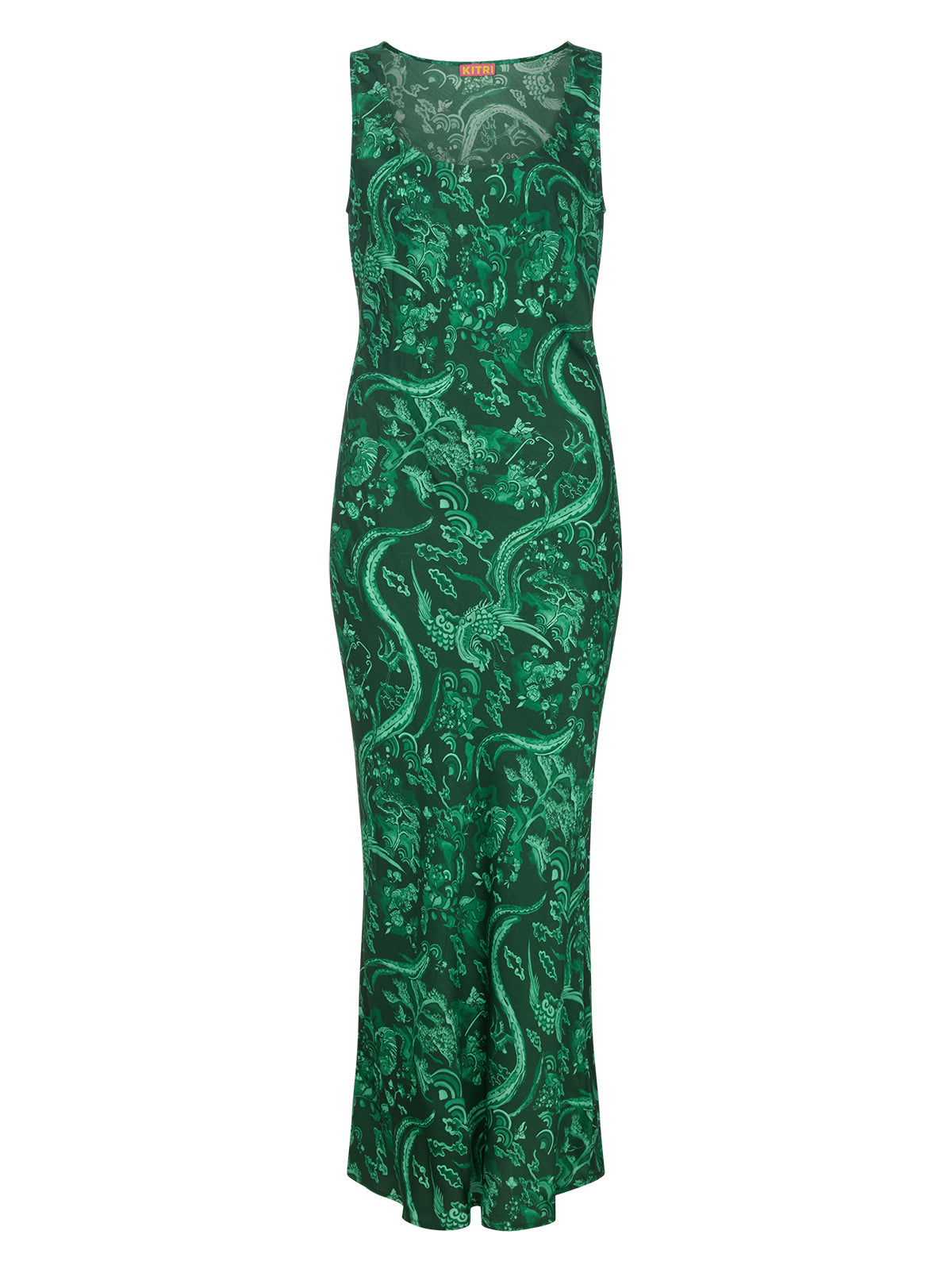 Elise Green Phoenix Print Dress by Kitri Studio. Cut on the bias for a flattering, fluid drape, the Elise Dress showcases our in-house designed Phoenix print in a rich, jewel-toned green.  The minimalist silhouette keeps the focus on the striking motif, while the scoop neckline and clean lines make it an easy, versatile choice for day-to-night dressing. Round neck. sleeveless. Concealed side-zip. 55% Viscose, 45% Rayon.