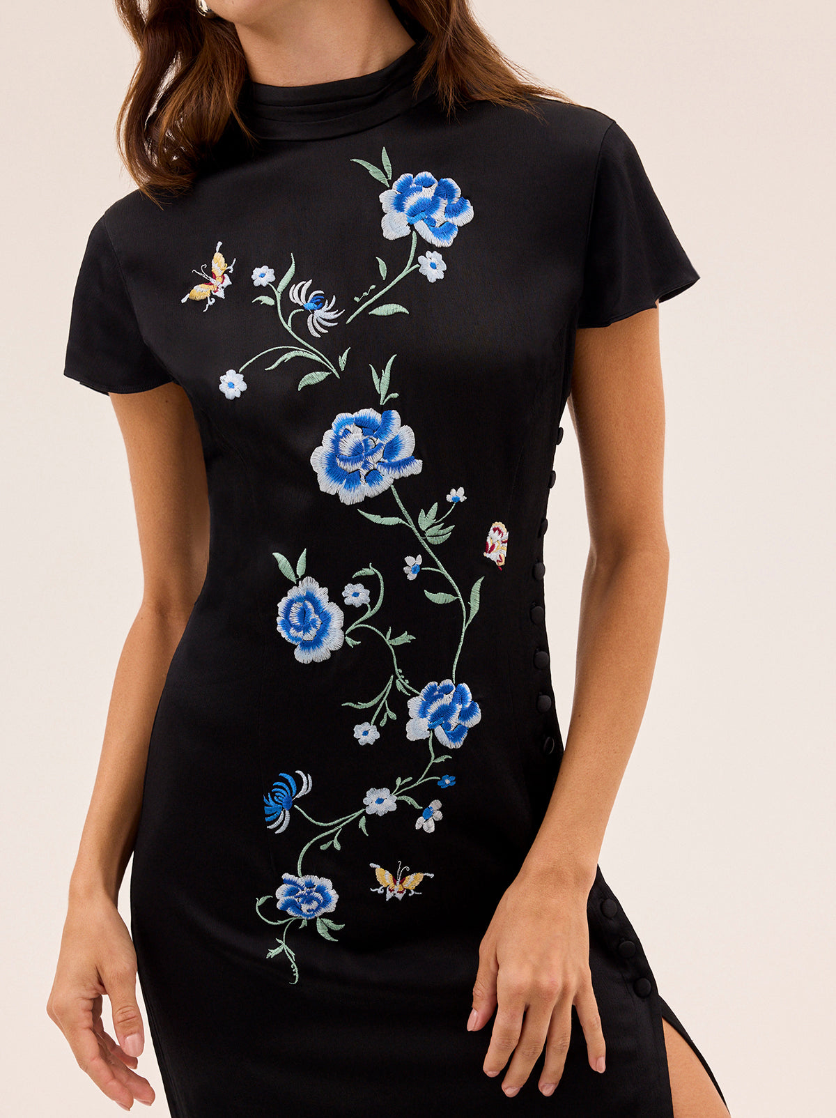 Elspeth Black Satin Embroidered Dress | KITRI Studio