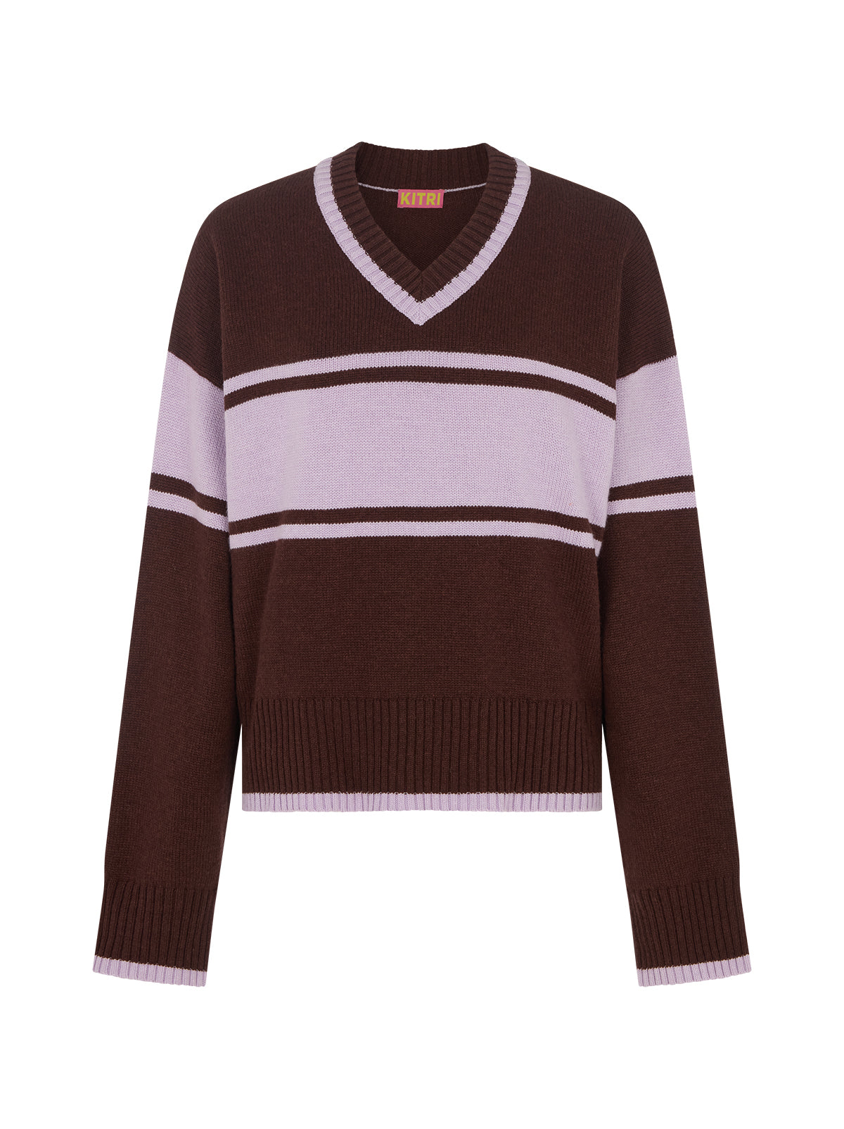 Everly V-Neck Striped Jumper by Kitri Studio. The Everly V-Neck Striped Jumper is crafted from a soft wool and cashmere blend that feels both cosy and refined.  Designed in a relaxed, oversized fit, it’s the perfect balance of comfort and polish. V-neck. Long sleeves. Ribbed cuffs. 48% Nylon, 27% Viscose, 20% Wool, 5% Cashmere.