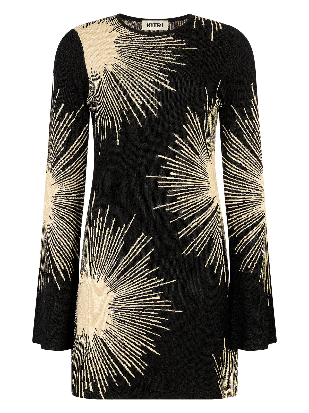 Greta Sunburst Lurex Mini Dress by Kitri Studio. Greta Sunburst Lurex Mini Dress brings instant party-ready energy with its lightweight lurex knit and bold sunburst motif jacquard.  Designed with a classic round neckline and subtly flared sleeves, the mini length keeps the silhouette modern and versatile. Round neck. Flared sleeves. . 100% Viscose.