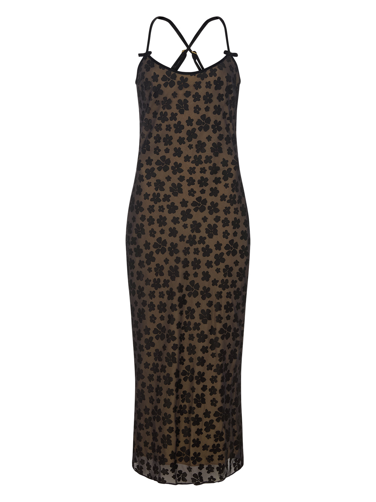 Karla Black Floral Dress by Kitri Studio. Karla Black Floral Dress is cut on the bias from our in-house designed black floral satin burnout, creating a fluid drape that skims the body with ease.  The yellow-gold satin lining adds subtle depth, while black velvet trim and delicate bows frame the neckline for a feminine finish. Scoop neck. Adjustable straps. Fully lined. 75% Viscose, 25% Nylon.