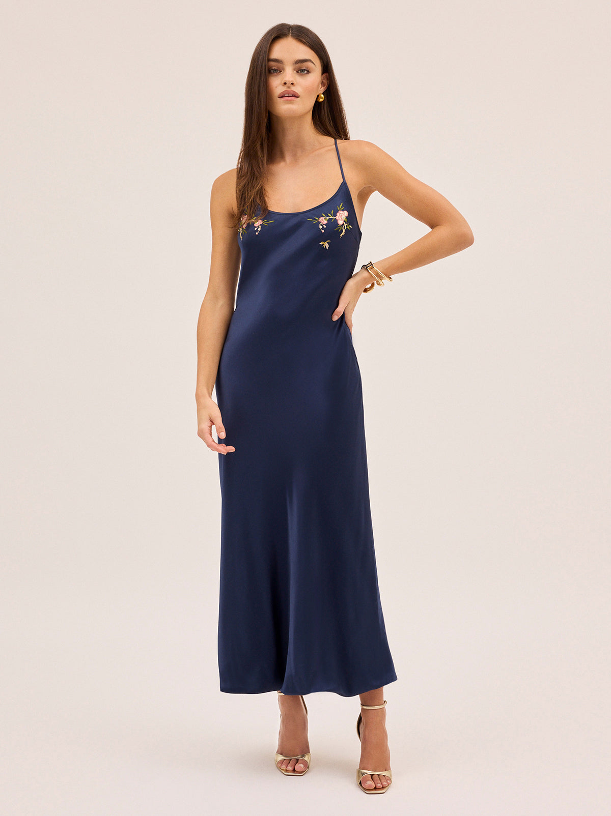 Karla Navy Satin Embroidered Dress