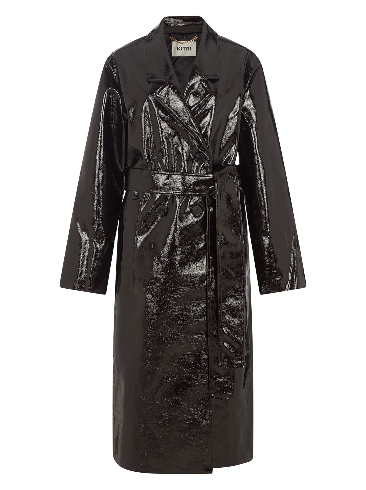 Lara Dark Chocolate Vinyl Coat by Kitri Studio. All eyes on Lara - dare we say, THE coat of the season and the ultimate statement-maker.  Cut from premium, chocolate brown vinyl, this double-breasted showstopper is finished with a detachable plush faux-fur collar and cuffs in deep chocolate for maximum drama. Collared neckline. Long sleeves. Button front. Main: 100% PU, Faux-Fur: 100% Polyester.