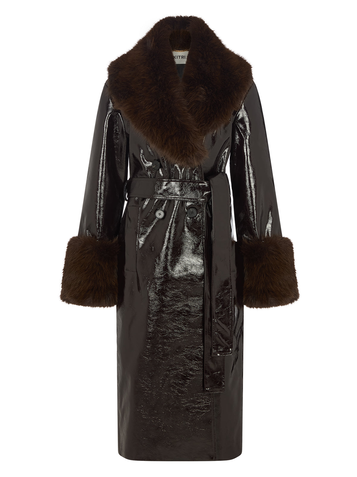 Lara Dark Chocolate Vinyl Coat by Kitri Studio. All eyes on Lara - dare we say, THE coat of the season and the ultimate statement-maker.  Cut from premium, chocolate brown vinyl, this double-breasted showstopper is finished with a detachable plush faux-fur collar and cuffs in deep chocolate for maximum drama. Collared neckline. Long sleeves. Button front. Main: 100% PU, Faux-Fur: 100% Polyester.