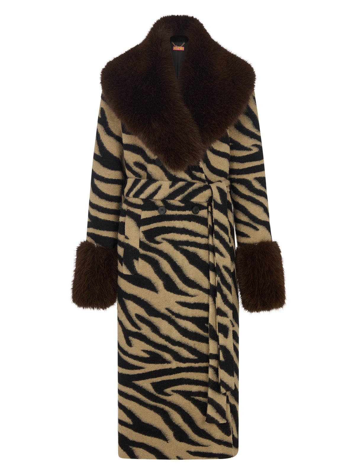 Lara Zebra Wool-Blend Coat by Kitri Studio. All eyes on Lara - THE coat of the season and the ultimate statement-maker.  Cut from wool-blend fabrication, this double-breasted showstopper is finished with a detachable plush faux-fur collar and cuffs in deep chocolate for maximum drama. Large collar. Long sleeves. Button front. Main: 30% Wool, 70% Polyester Faux Fur: 100% Polyester.
