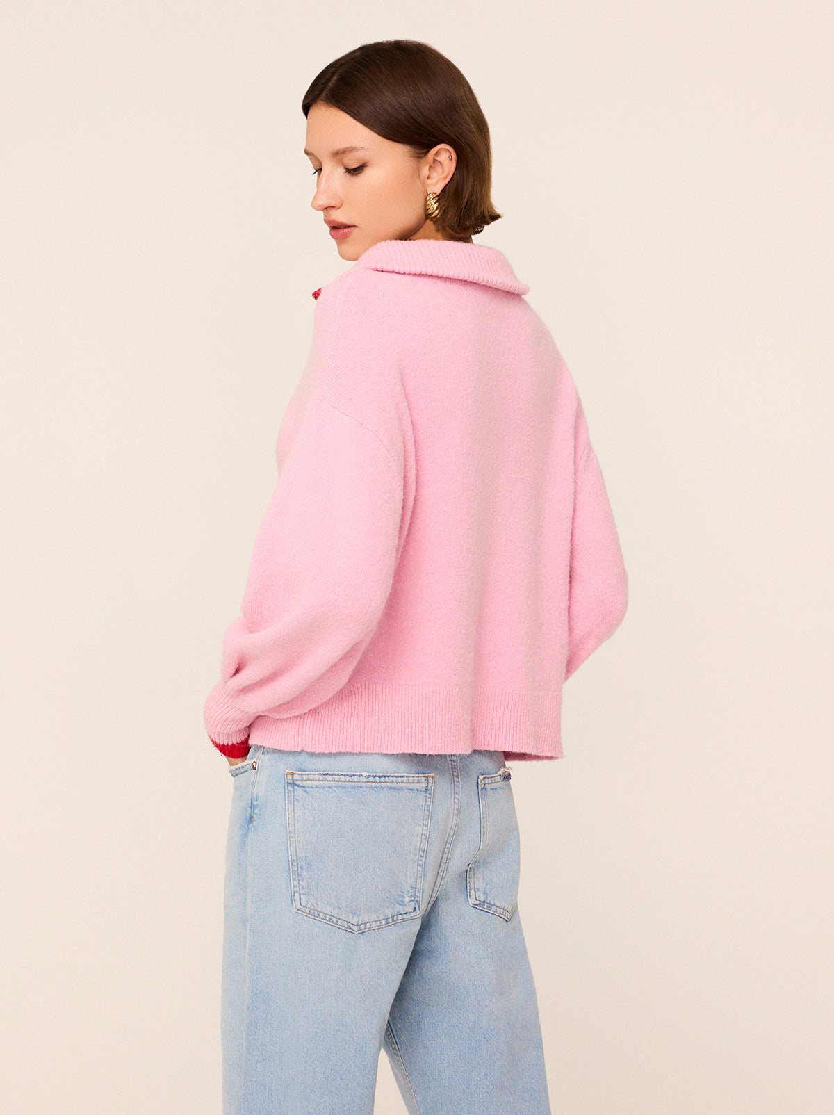 Lorna Pink Wool Alpaca Blend Sweater - Lorna is a lightweight alpaca blend sweater featuring a pearl-tipped quarter-zip and drop shoulder, puffed sleeves. 