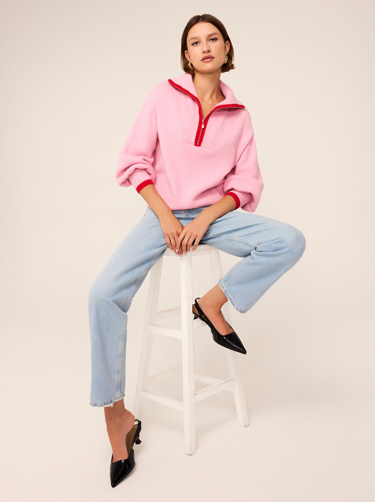 Lorna Pink Wool Alpaca Blend Sweater - Lorna is a lightweight alpaca blend sweater featuring a pearl-tipped quarter-zip and drop shoulder, puffed sleeves. 