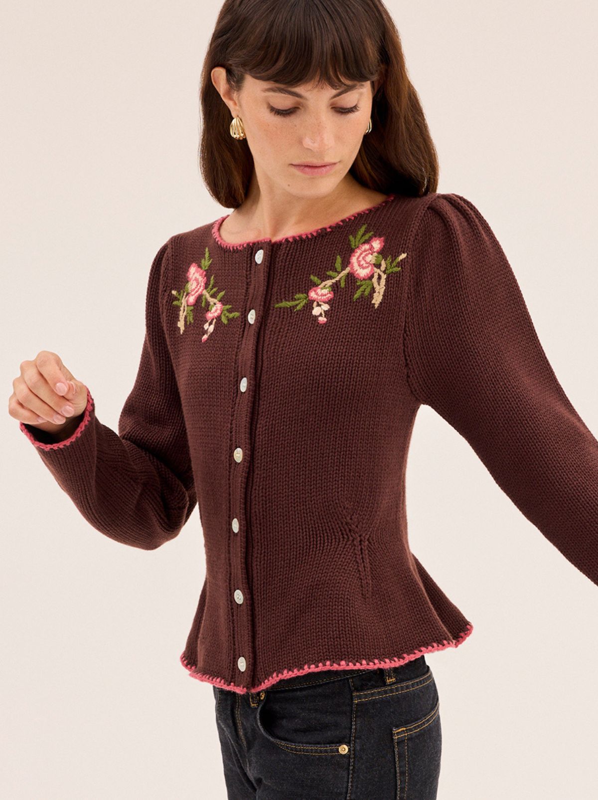 Leonie Chocolate Embroidered Knit Cardigan | KITRI Studio