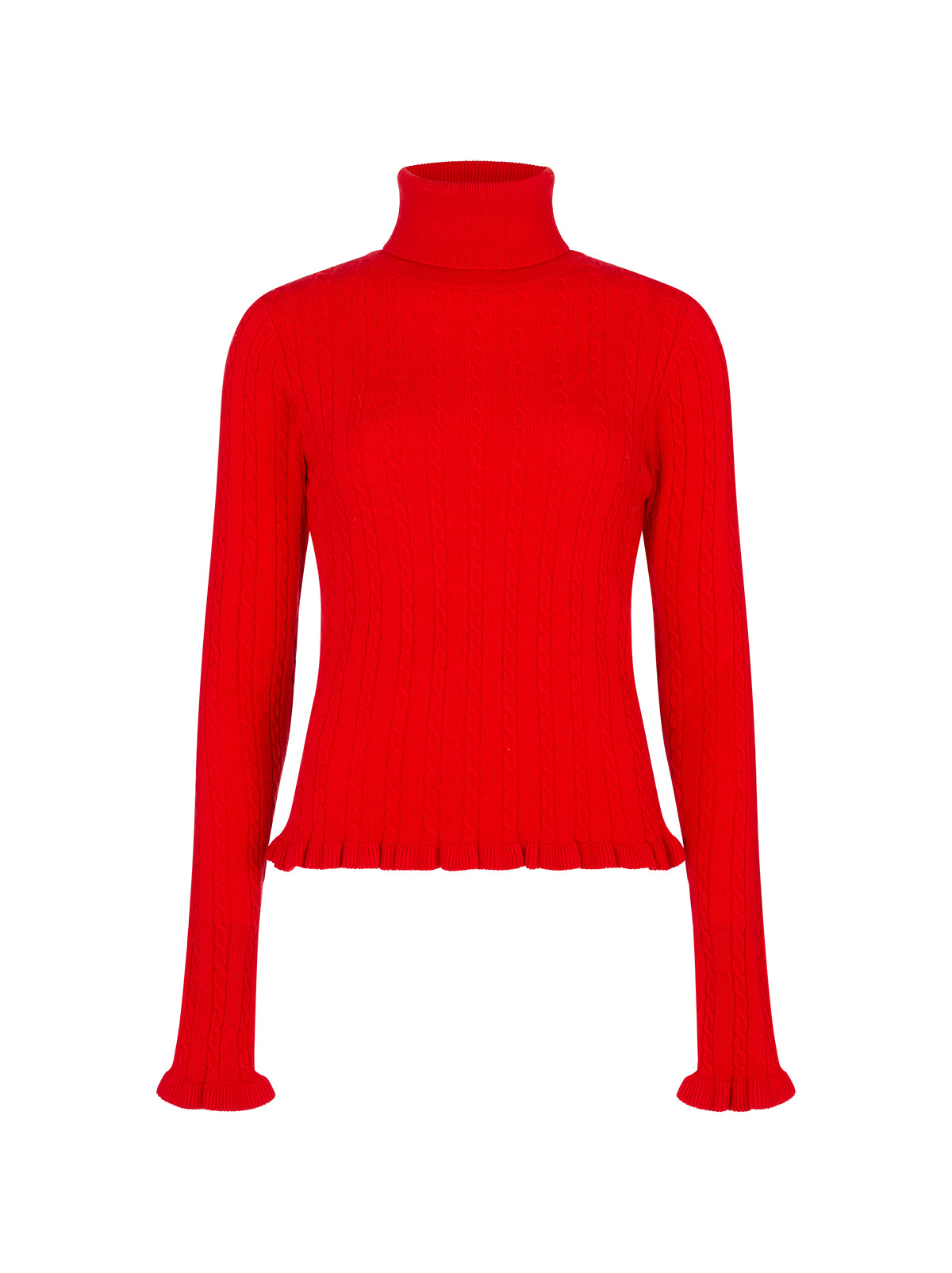 Nella Red Wool-Blend Roll Neck Jumper by Kitri Studio. This lightweight wool-blend roll-neck jumper in a striking red is the ultimate layering hero for the cooler months.  Designed with a subtle cable knit, cosy roll neck, and delicate frill detailing at the cuffs and hem, it strikes the perfect balance between feminine charm and everyday ease. High neckline. Long sleeves. Slim fit. 5% Cashmere, 20% Wool, 27% Viscose, 48% Nylon.