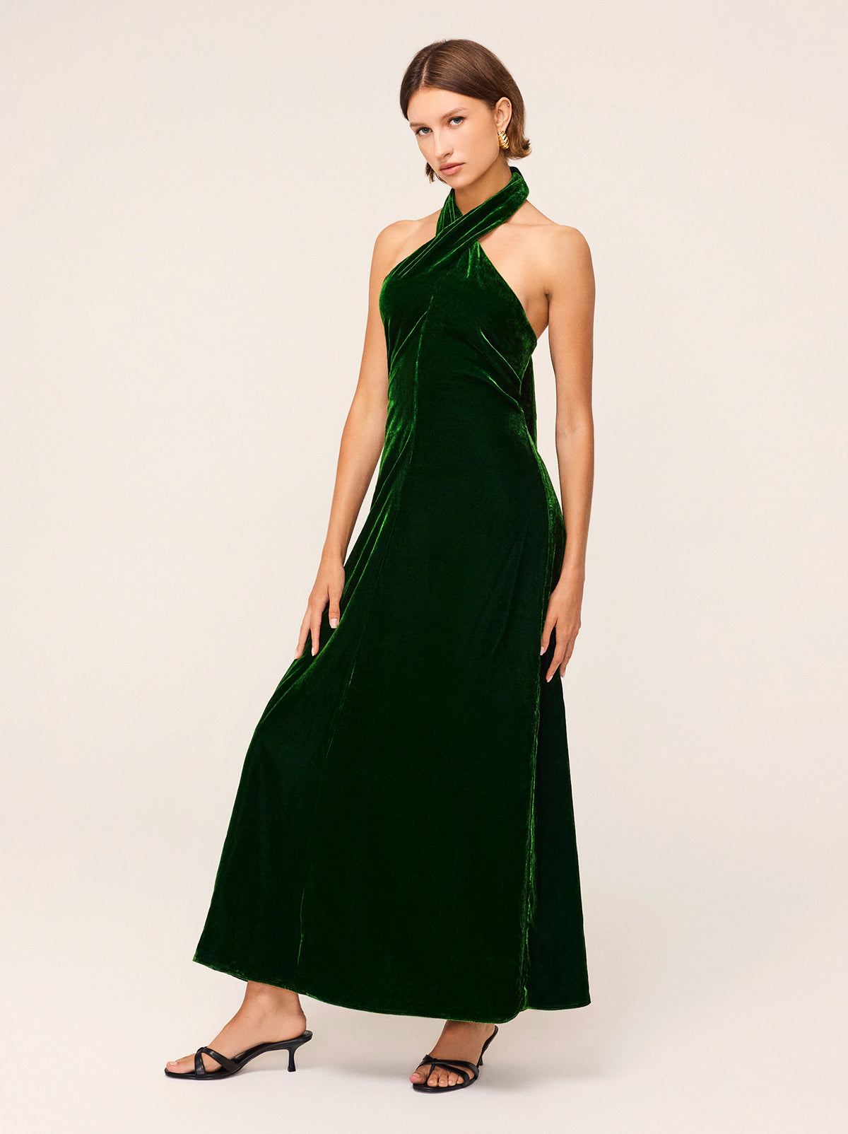 Neve green velvet halter dress - Neve is a cross-halter-neck, figure-skimming halter-neck dress in green velvet. 