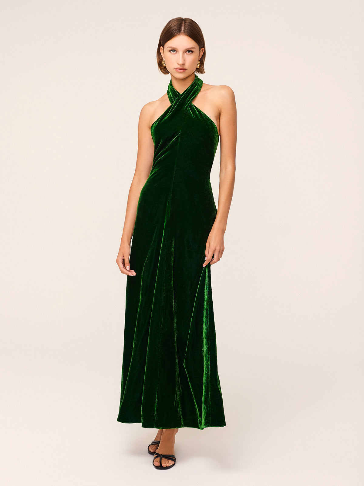 Neve green velvet halter dress - Neve is a cross-halter-neck, figure-skimming halter-neck dress in green velvet. 