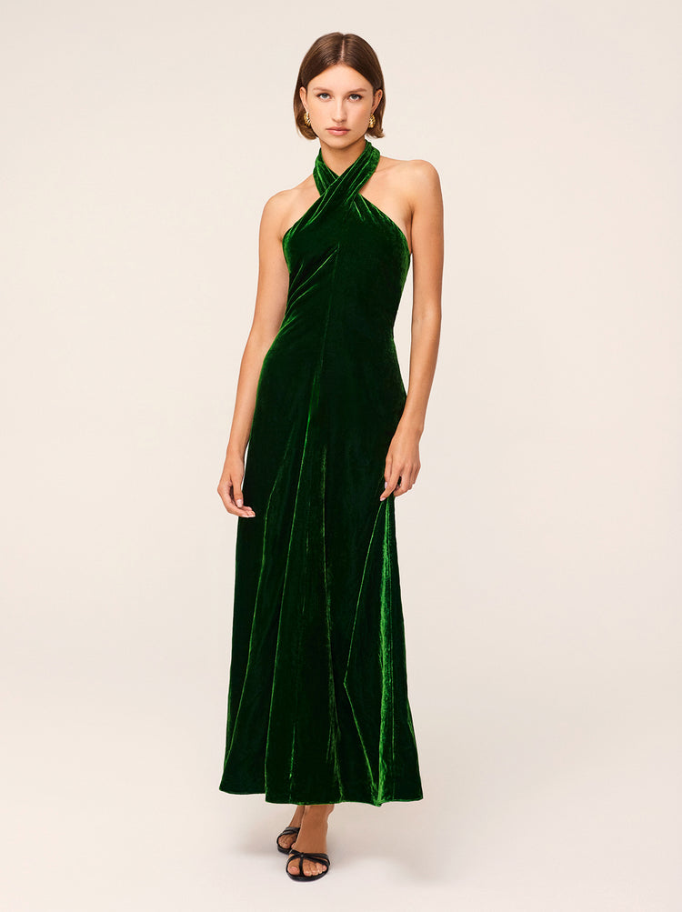 Neve green velvet halter dress - Neve is a cross-halter-neck, figure-skimming halter-neck dress in green velvet. 