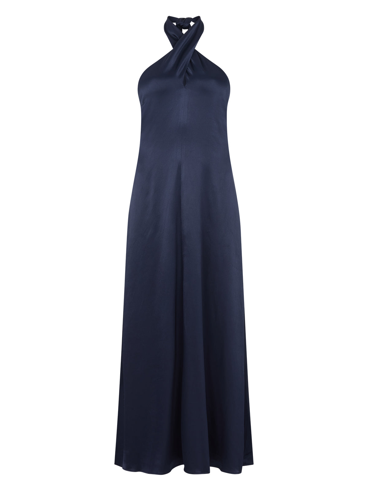 Neve Navy Satin Halterneck Dress by Kitri Studio. Neve Navy Satin Halterneck Dress is designed as a timeless wardrobe investment, combining sophistication with versatility.  Cut from fluid viscose satin, the cross-front halterneck ties at the back for a clean, elegant line, while the bias-cut skirt softly skims the body for a universally flattering fit. Halter neckline. Tie straps. Centre-back zip closure. 97% Viscose, 3% Elastane.