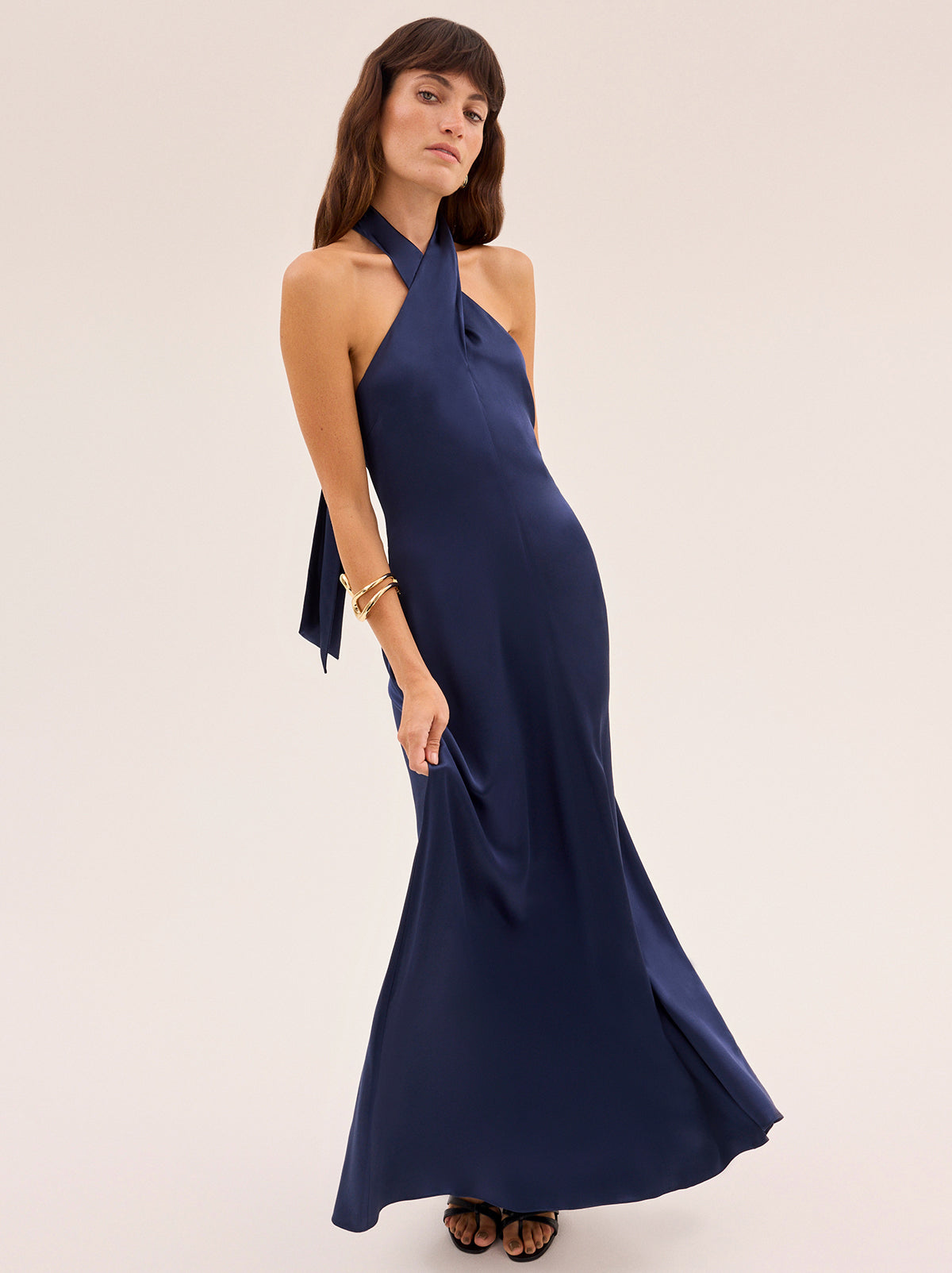 Neve Navy Satin Halterneck Dress