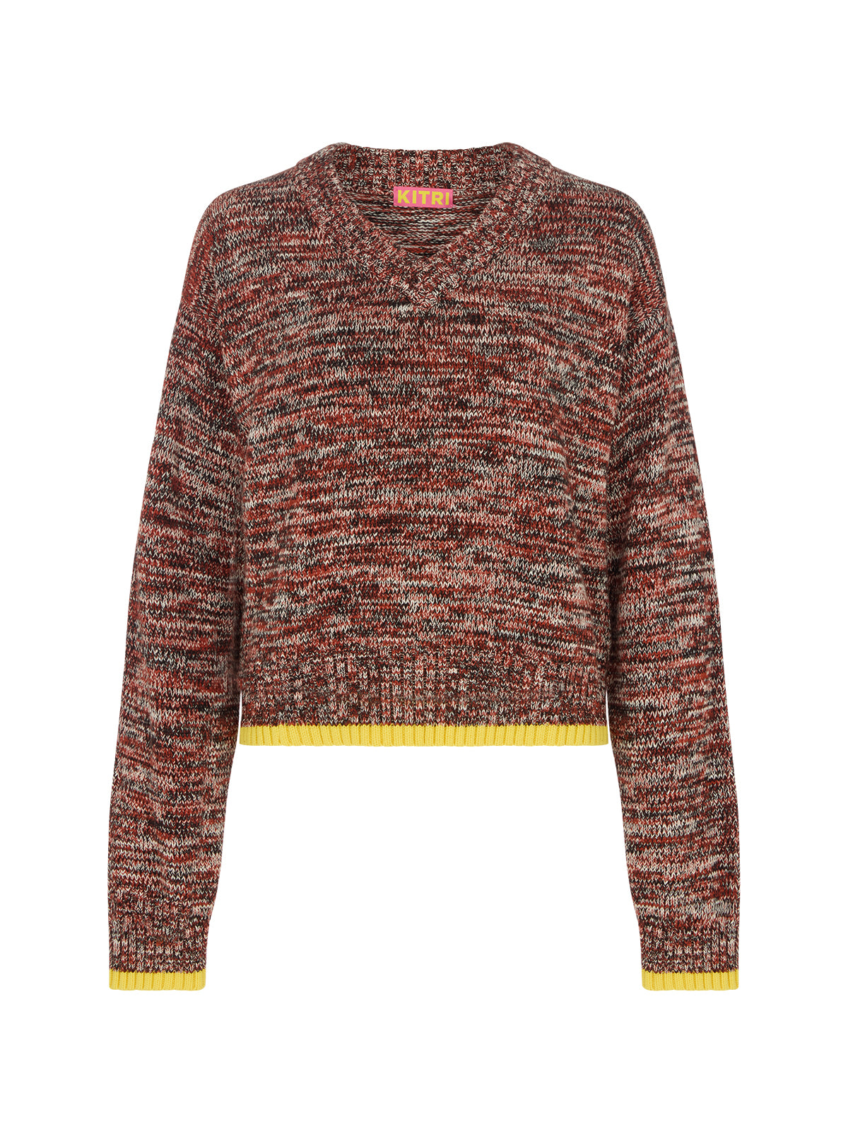 Francis Cotton-Blend V-neck Jumper by Kitri Studio. Francis Cotton-Blend V-neck Jumper is knitted from space-dyed soft cotton and wool blend that makes every piece feel unique.  Designed in a relaxed, boxy fit with a flattering V-neckline, it has an easy, throw-on feel that works well layered or worn solo. V-neck. Long sleeves. Ribbed cuffs. 60% Cotton, 30% Nylon, 10% Wool.