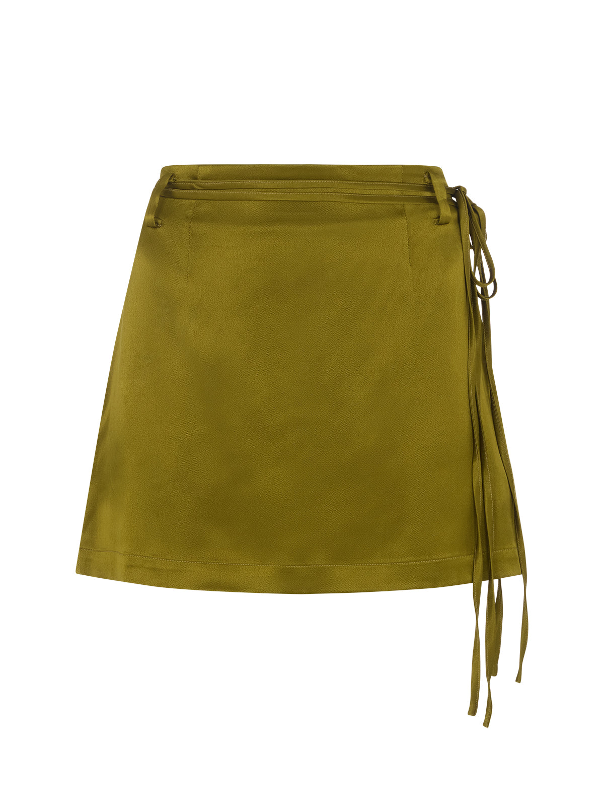Quinn Olive Satin Mini Skirt by Kitri Studio. Minimal lines, maximum styling potential.  The Quinn is a satin mini skirt in a versatile olive green hue, designed with belt loops, a concealed side zip, and elongated double ties in matching fabric for a subtle design detail. Concealed side-zip. Belt Included. Front split. 97% Viscose, 3% Elastane Satin .