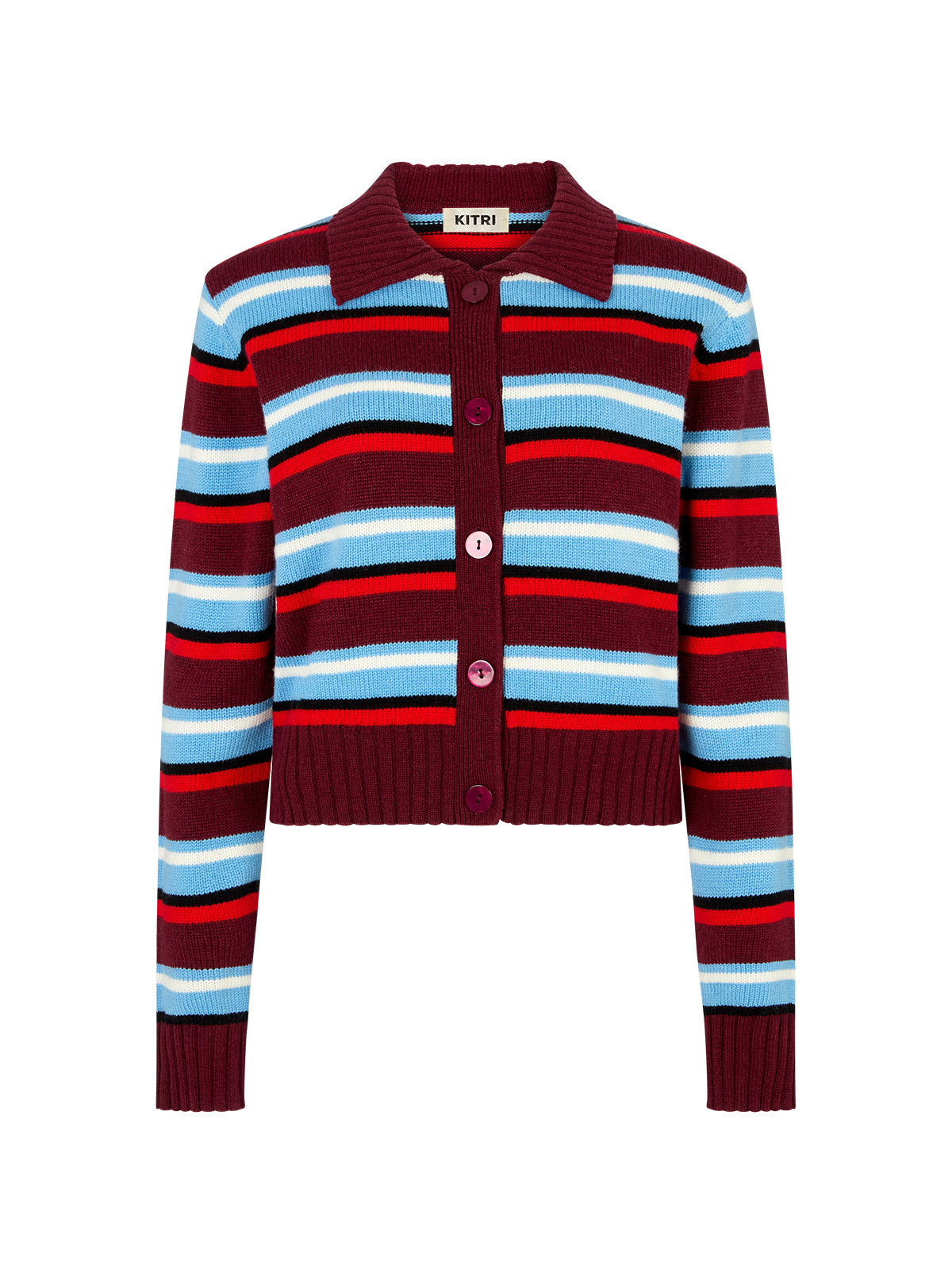 Romy Wool-Blend Striped Collared Cardigan by Kitri Studio. Crafted from a soft wool and cashmere blend, the Romy cardigan combines lightweight comfort with bold design.  Stripes in rich burgundy and powder blue create a vibrant contrast, while a classic collar, button-down front, and ribbed trims give it a timeless finish. Round neck. Long sleeves. Button front. 5% Cashmere, 20% Wool, 27% Viscose, 48% Nylon.