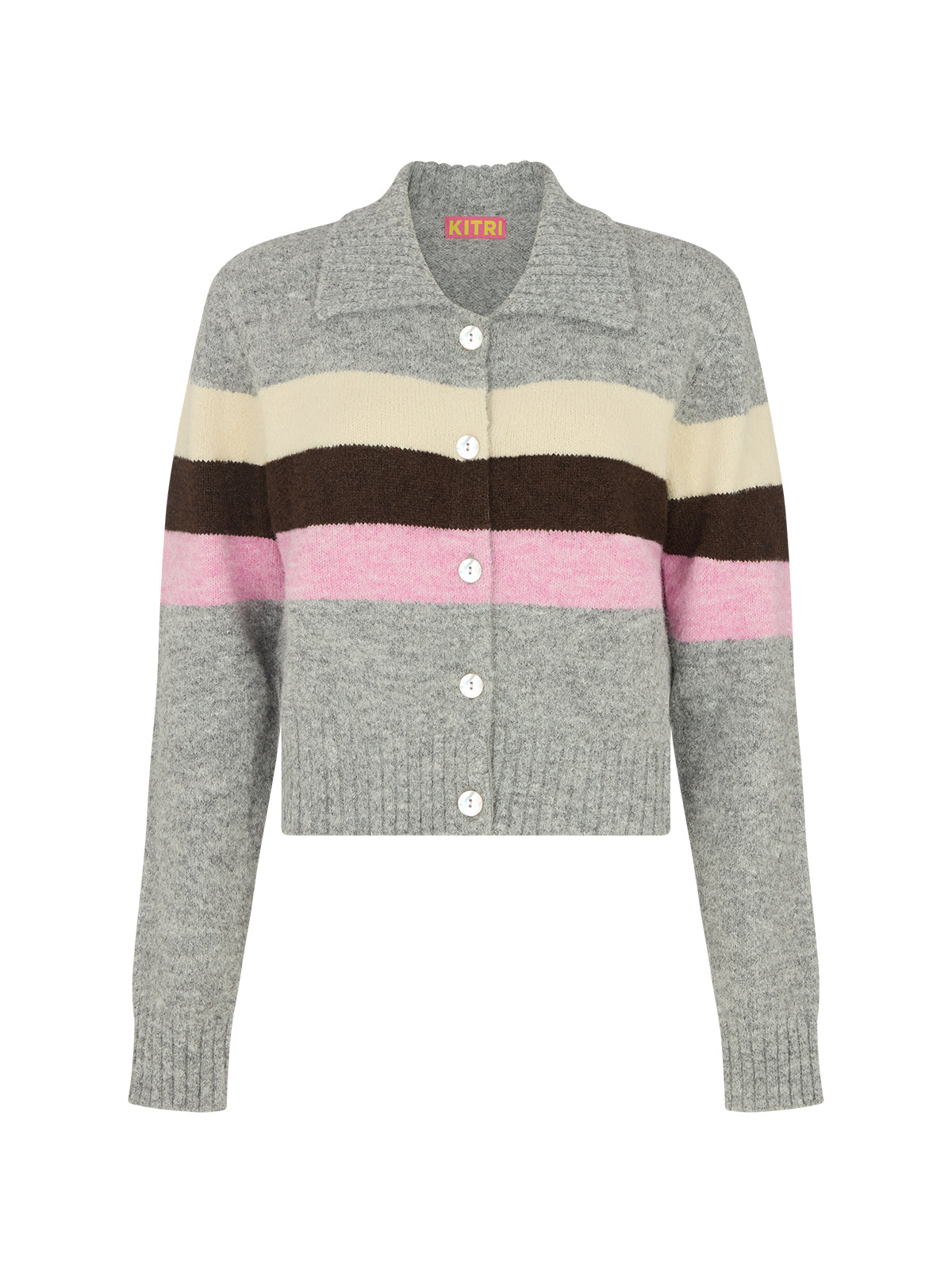Romy Grey Neapolitan Stripe Knit Cardigan by Kitri Studio. Romy Grey Neapolitan Stripe Knit Cardigan is knitted in a soft wool-blend with playful stripes inspired by classic Neapolitan ice cream.  Designed with a neat collar and button-through front, it strikes the balance between cosy and polished. Collared neckline. Long sleeves. Ribbed cuffs. 59% Recycled Polyester, 21% Nylon, 11% Polyester, 8% Wool, 1% Elastane.