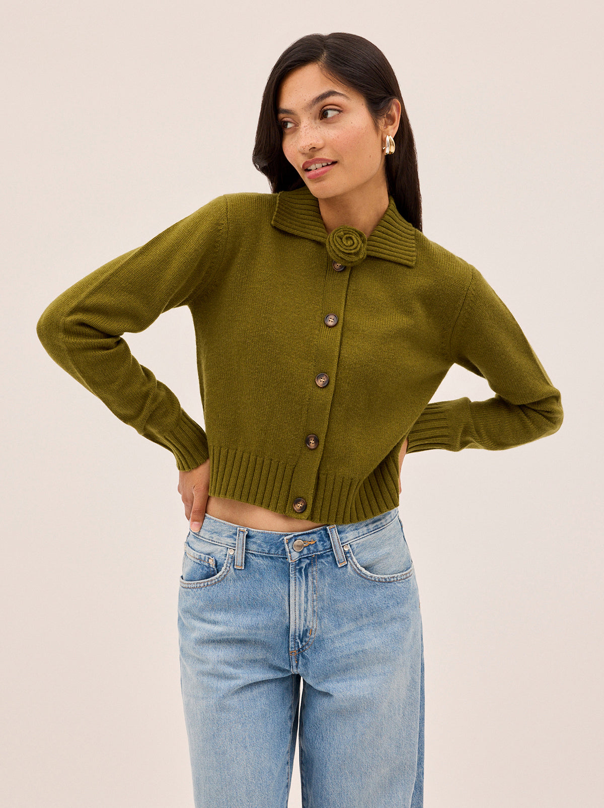 Romy Olive Wool-Blend Collared Cardigan | KITRI Studio