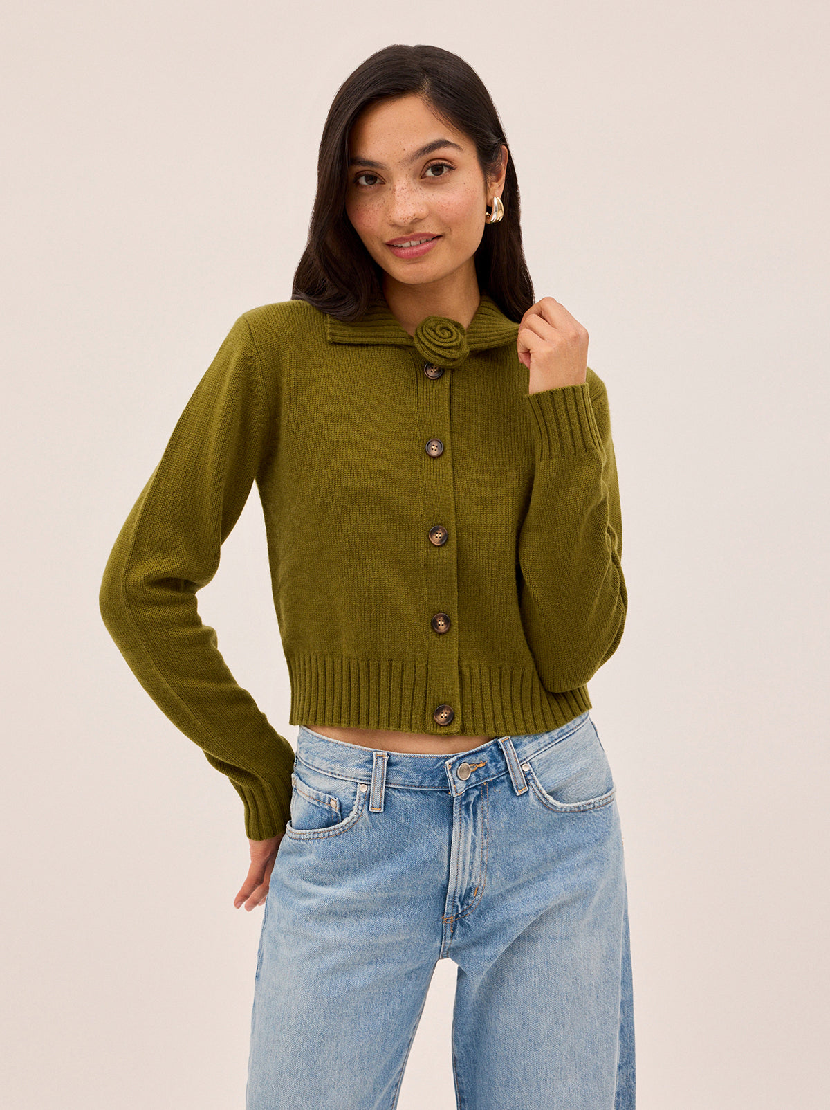 Romy Olive Wool-Blend Collared Cardigan by Kitri Studio. A soft layering piece with a touch of romance, this lightweight cardigan is crafted from a cosy wool–cashmere blend in an endlessly versatile olive green.  Designed with a neat collar, it comes with a detachable knitted rose flower at the neck for a playful, feminine twist. Collared neckline. Long sleeves. . 5% Cashmere, 20% Wool, 27% Viscose, 48% Nylon.
