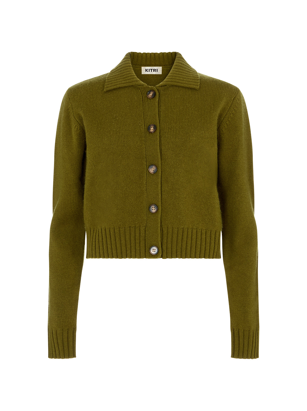 Romy Olive Wool-Blend Collared Cardigan by Kitri Studio. A soft layering piece with a touch of romance, this lightweight cardigan is crafted from a cosy wool–cashmere blend in an endlessly versatile olive green.  Designed with a neat collar, it comes with a detachable knitted rose flower at the neck for a playful, feminine twist. Collared neckline. Long sleeves. . 5% Cashmere, 20% Wool, 27% Viscose, 48% Nylon.