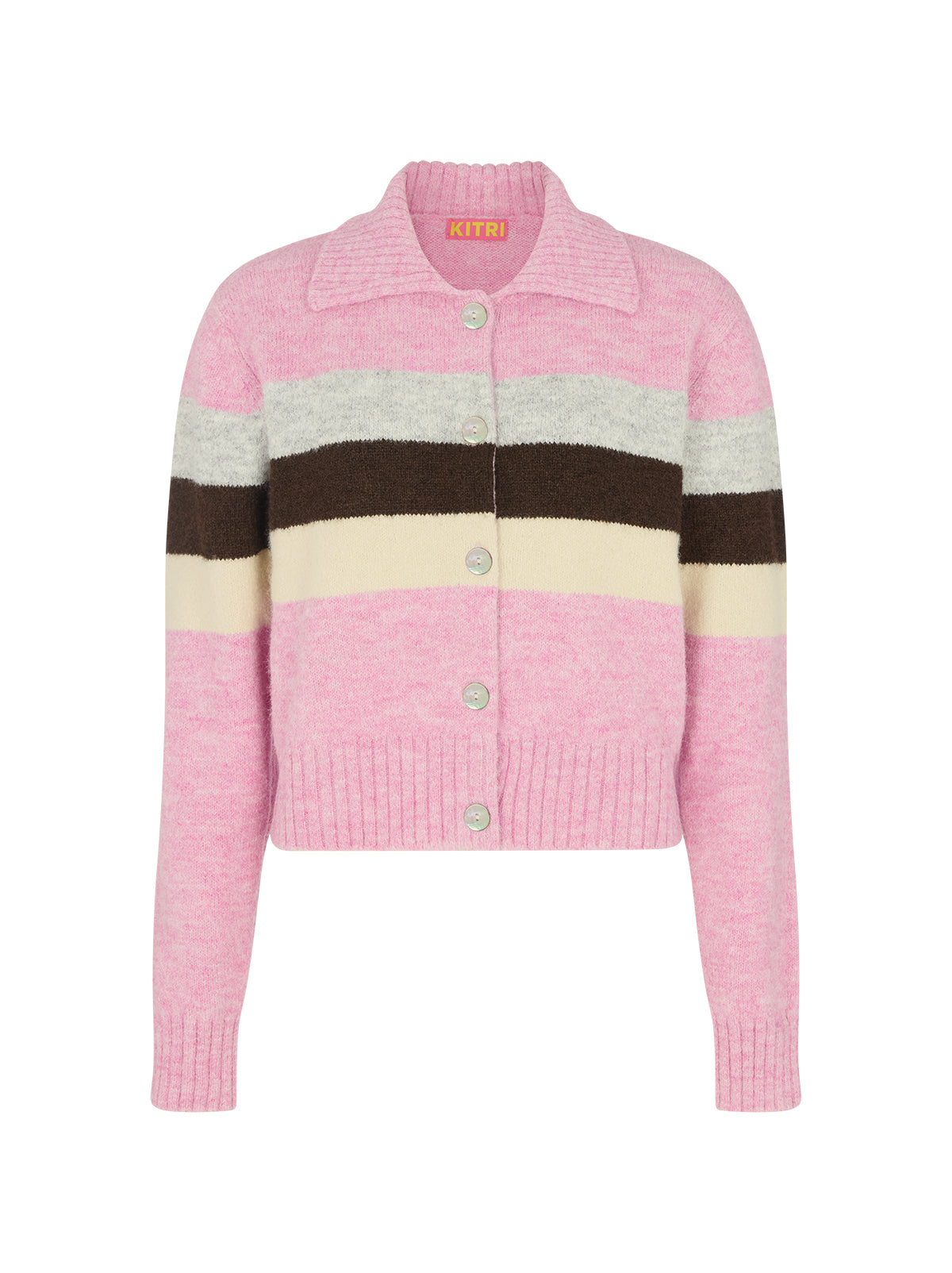 Romy Pink Neapolitan Stripe Knit Cardigan by Kitri Studio. Romy Pink Neapolitan Stripe Knit Cardigan is knitted in a soft wool-blend with playful stripes inspired by classic Neapolitan ice cream.  Designed with a neat collar and button-through front, it strikes the balance between cosy and polished. Collared neckline. Long sleeves. Ribbed cuffs. 59% Recycled Polyester, 21% Nylon, 11% Polyester, 8% Wool, 1% Elastane.