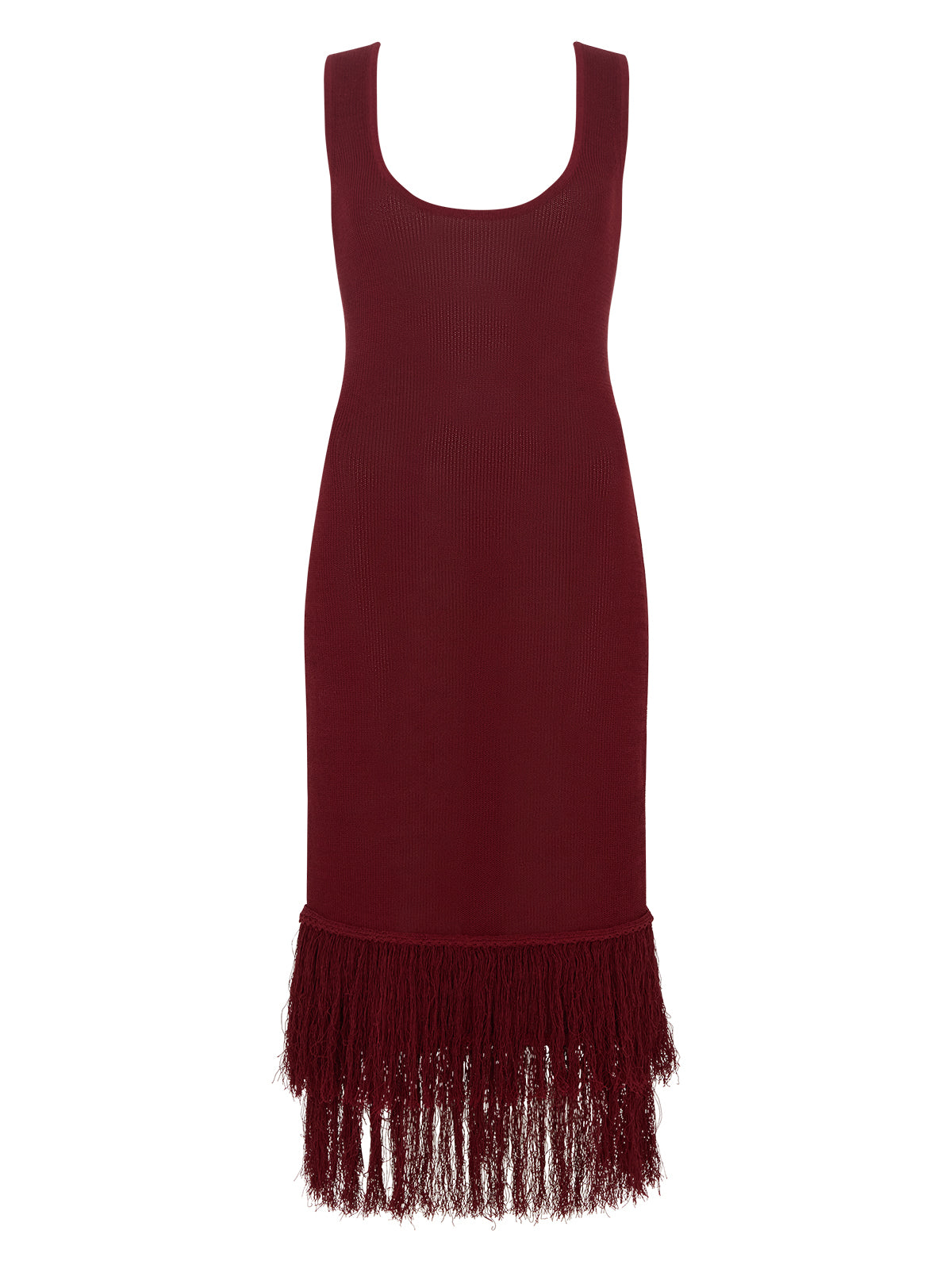 Sandra Red Knit Dress by Kitri Studio. Sandra Dress in sultry dark red offers a body-skimming silhouette that moves effortlessly with you.  Designed with a flattering round neckline, sleeveless cut and double fringe detail at the hem, it radiates a 1920s-inspired charm, perfect for party season or any occasion that calls for a statement piece. Scoop neck. Wide straps. Length: Midi. 68% Cotton, 32% Nylon.