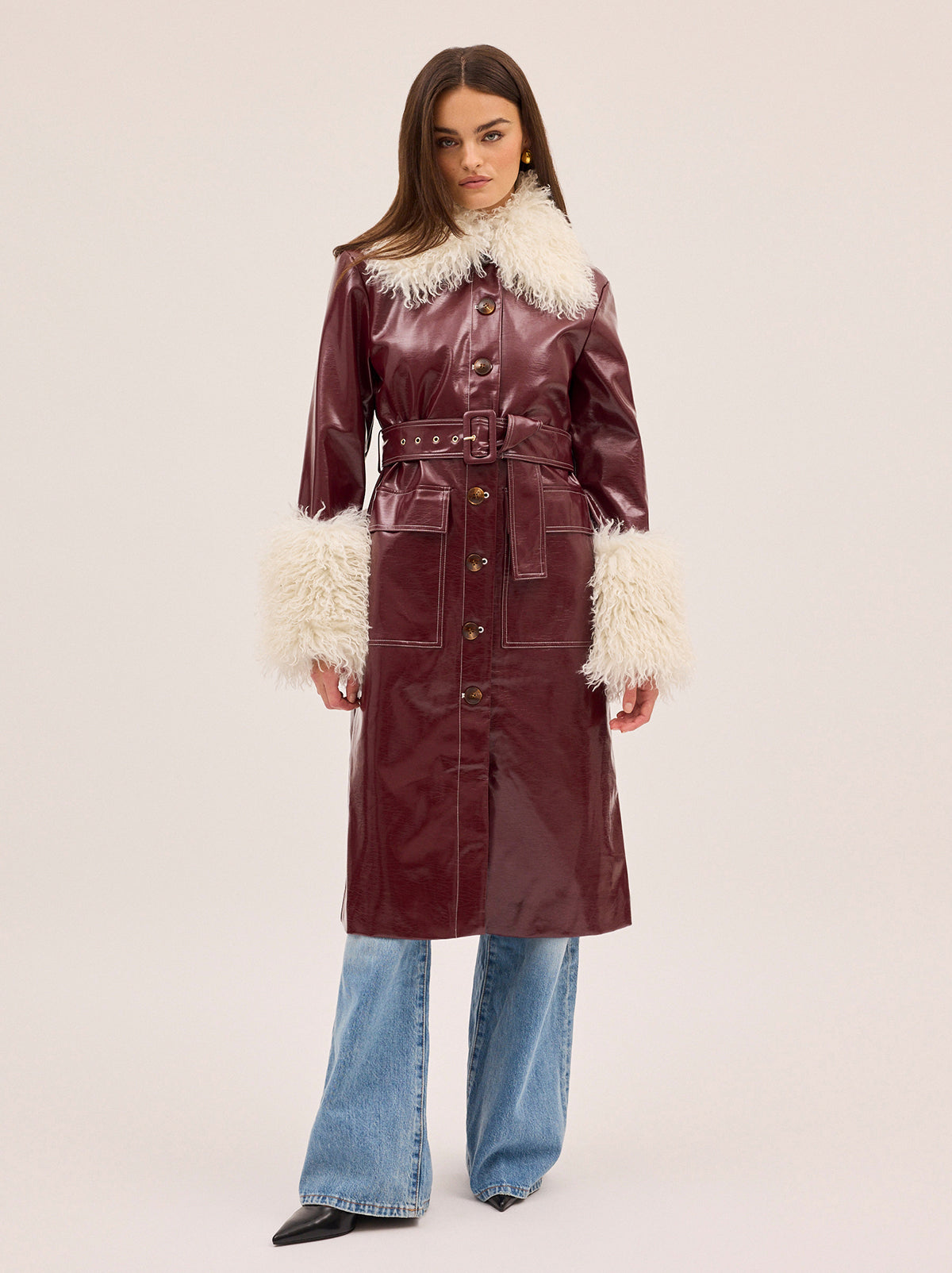 Simone Burgundy Vinyl Coat with Removable Collar | KITRI Studio