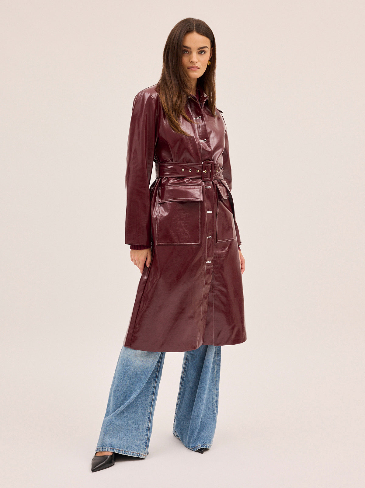 Simone Burgundy Vinyl Coat with Removable Collar | KITRI Studio