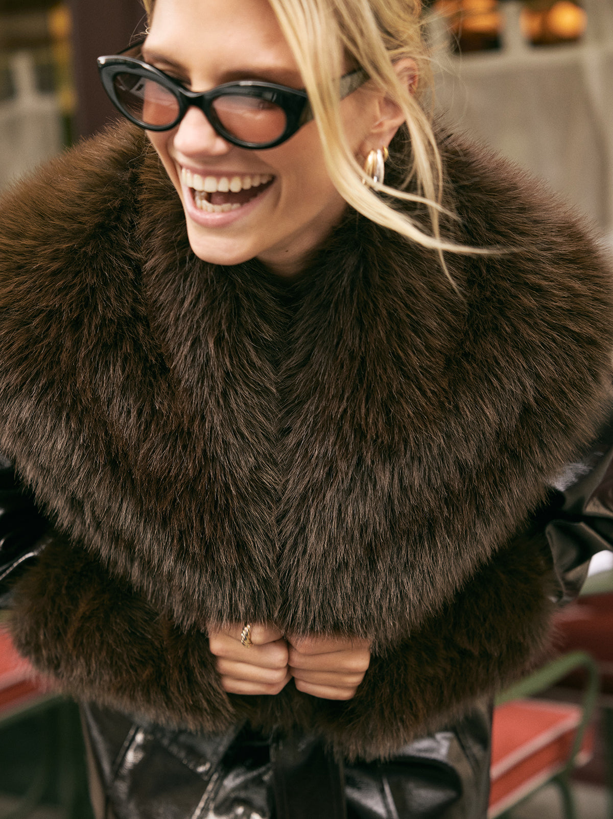 Sophie Dark Chocolate Vinyl Jacket by Kitri Studio. <span style="font-family: -apple-system, BlinkMacSystemFont, 'San Francisco', 'Segoe UI', Roboto, 'Helvetica Neue', sans-serif; font-size: 0. 875rem;">THE jacket of the season, Sophie is crafted from premium chocolate brown vinyl with a subtle sheen and an intentionally oversized, safari-inspired silhouette. Collared neckline. Long sleeves. Button front. Main: 100% PU, Faux-Fur: 100% Polyester.