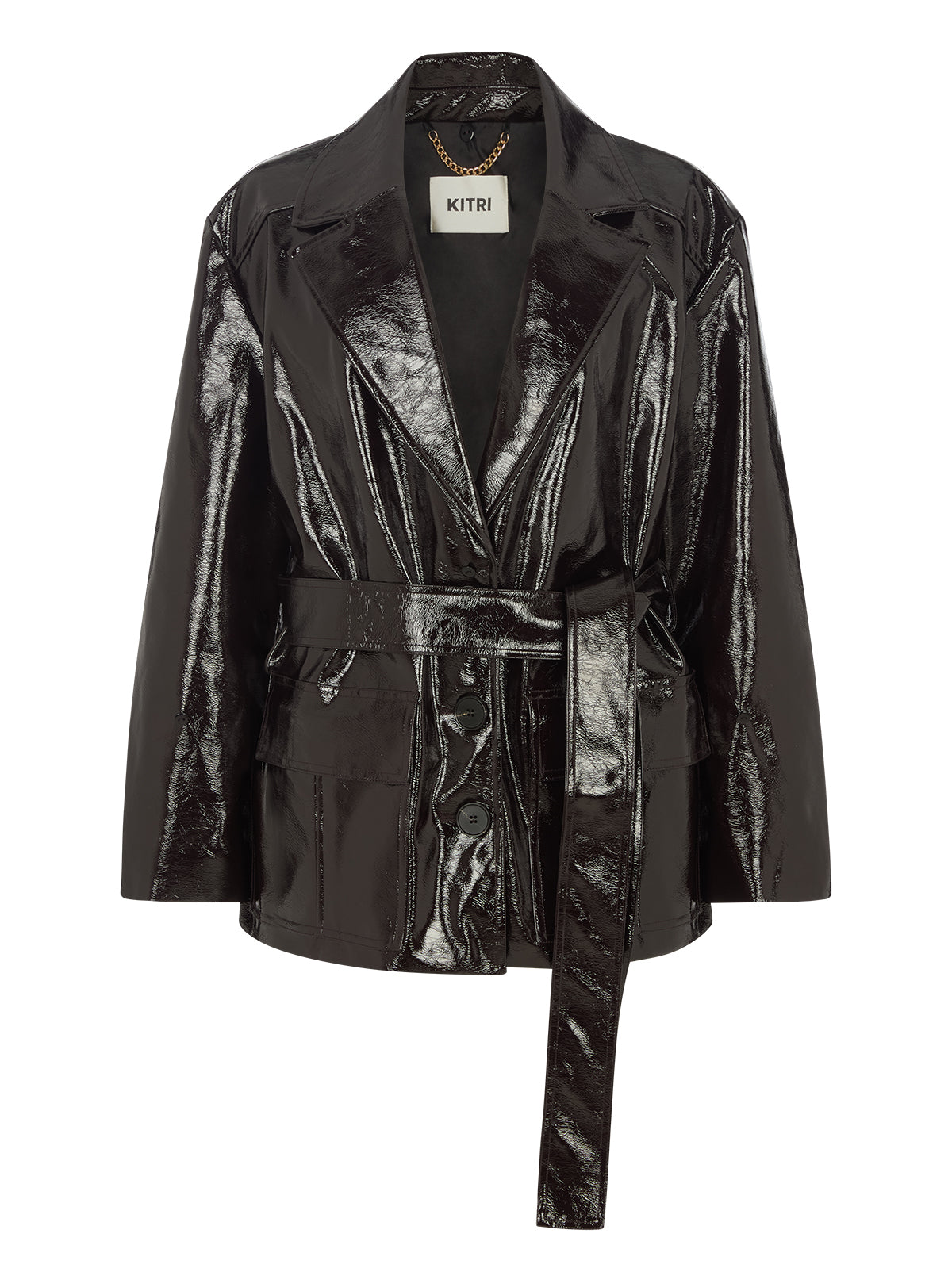 Sophie Dark Chocolate Vinyl Jacket by Kitri Studio. <span style="font-family: -apple-system, BlinkMacSystemFont, 'San Francisco', 'Segoe UI', Roboto, 'Helvetica Neue', sans-serif; font-size: 0. 875rem;">THE jacket of the season, Sophie is crafted from premium chocolate brown vinyl with a subtle sheen and an intentionally oversized, safari-inspired silhouette. Collared neckline. Long sleeves. Button front. Main: 100% PU, Faux-Fur: 100% Polyester.