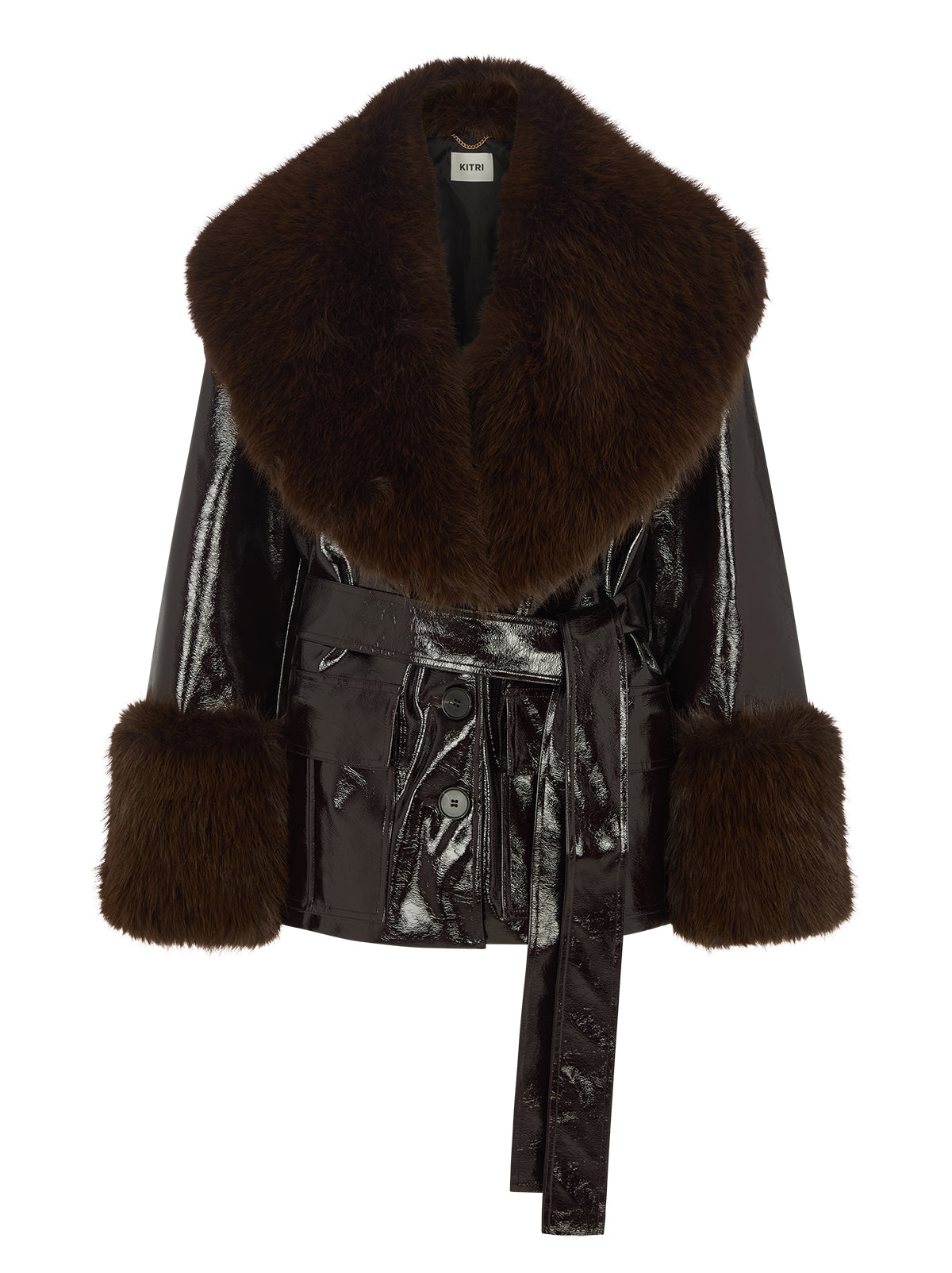 Sophie Dark Chocolate Vinyl Jacket by Kitri Studio. <span style="font-family: -apple-system, BlinkMacSystemFont, 'San Francisco', 'Segoe UI', Roboto, 'Helvetica Neue', sans-serif; font-size: 0. 875rem;">THE jacket of the season, Sophie is crafted from premium chocolate brown vinyl with a subtle sheen and an intentionally oversized, safari-inspired silhouette. Collared neckline. Long sleeves. Button front. Main: 100% PU, Faux-Fur: 100% Polyester.