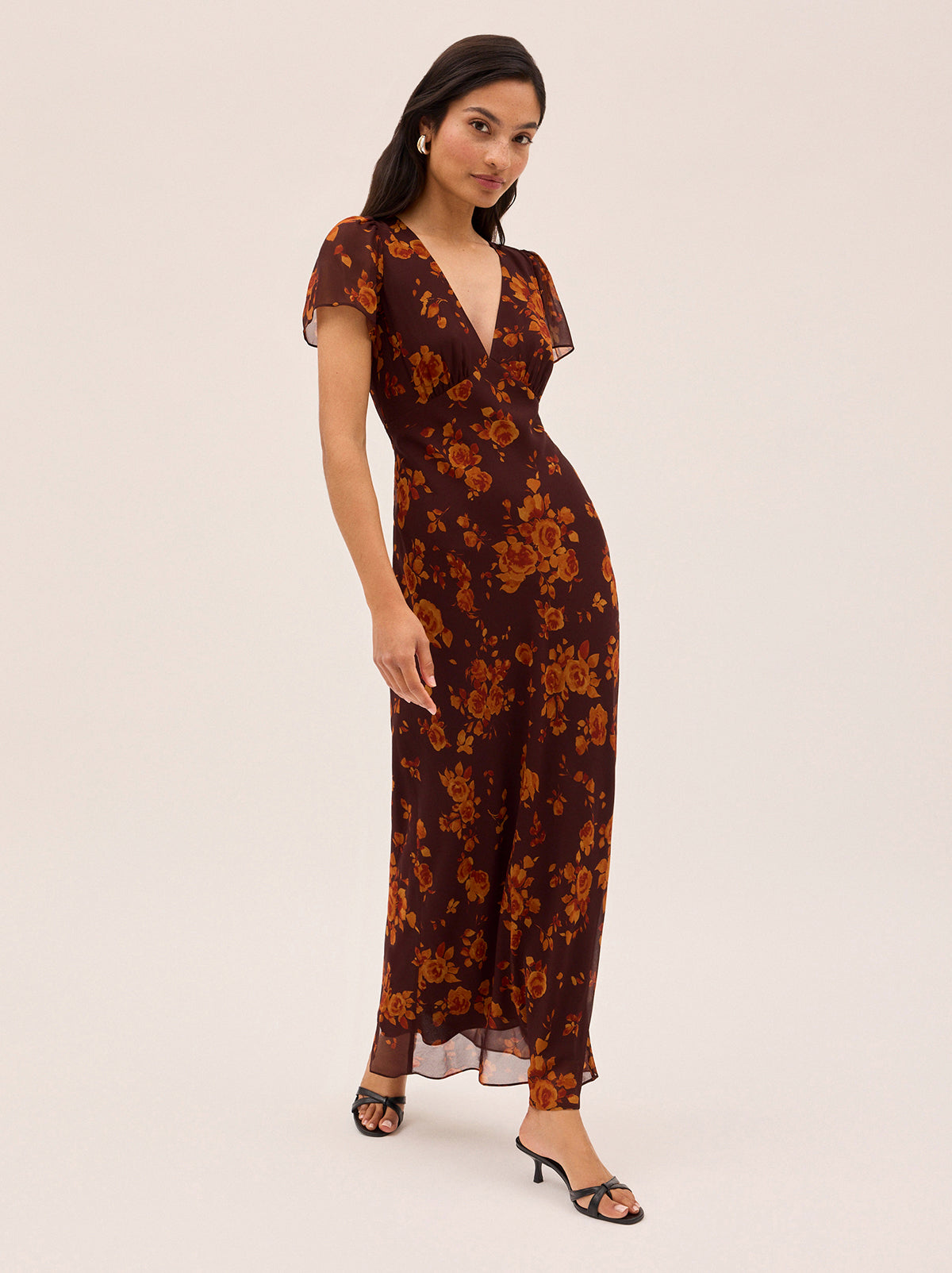 Talia Autumn Rose Print Dress by Kitri Studio. 
The Talia is a most-loved KITRI classic vintage-inspired midi dress.  Designed to be a true wardrobe hero, she features a flattering v-neck and a feminine bias-cut skirt that creates a beautifully fluid silhouette. V-neck. Short sleeves. Concealed side-zip. 100% Viscose Georgette.