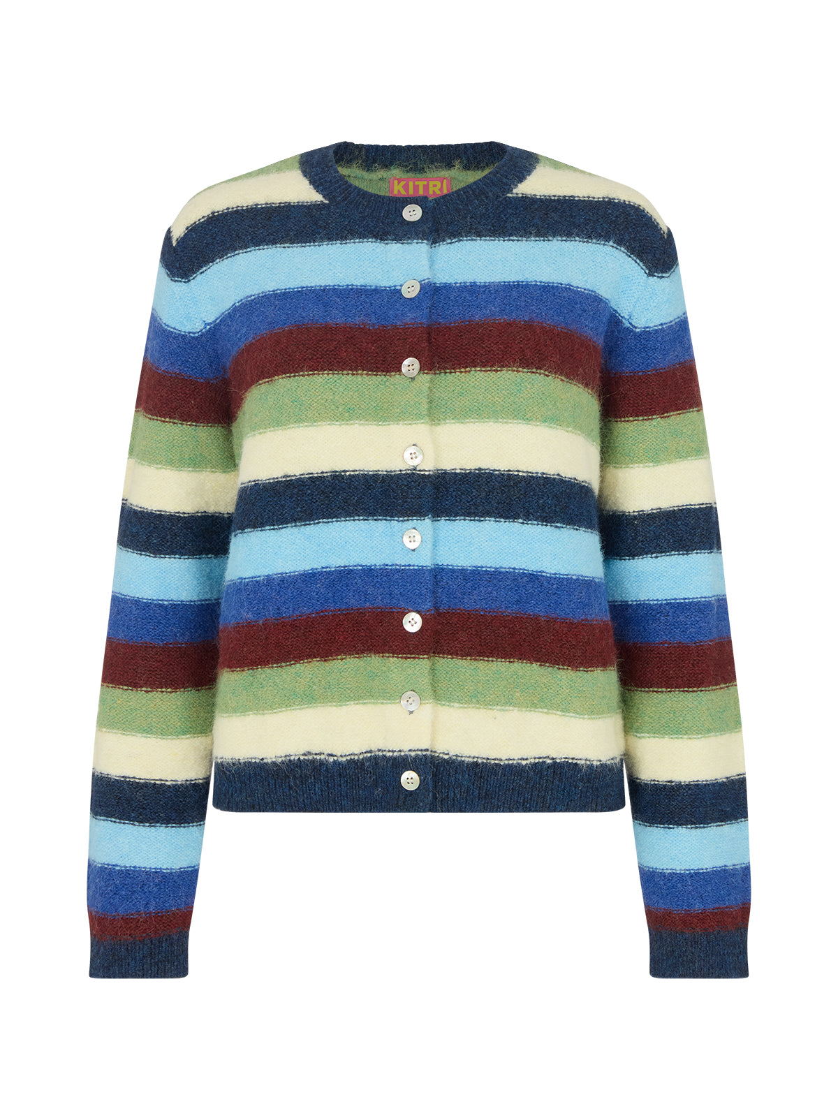 Terri Multi Striped Knit Cardigan by Kitri Studio. A modern take on a wardrobe classic.  The Terri cardigan is crafted from a soft knit yarn in playful stripes adding depth to an everyday layer. Round neck. Long sleeves. Ribbed cuffs. 59% Recycled Polyester, 21% Nylon, 11% Polyester, 8% Wool, 1% Elastane.