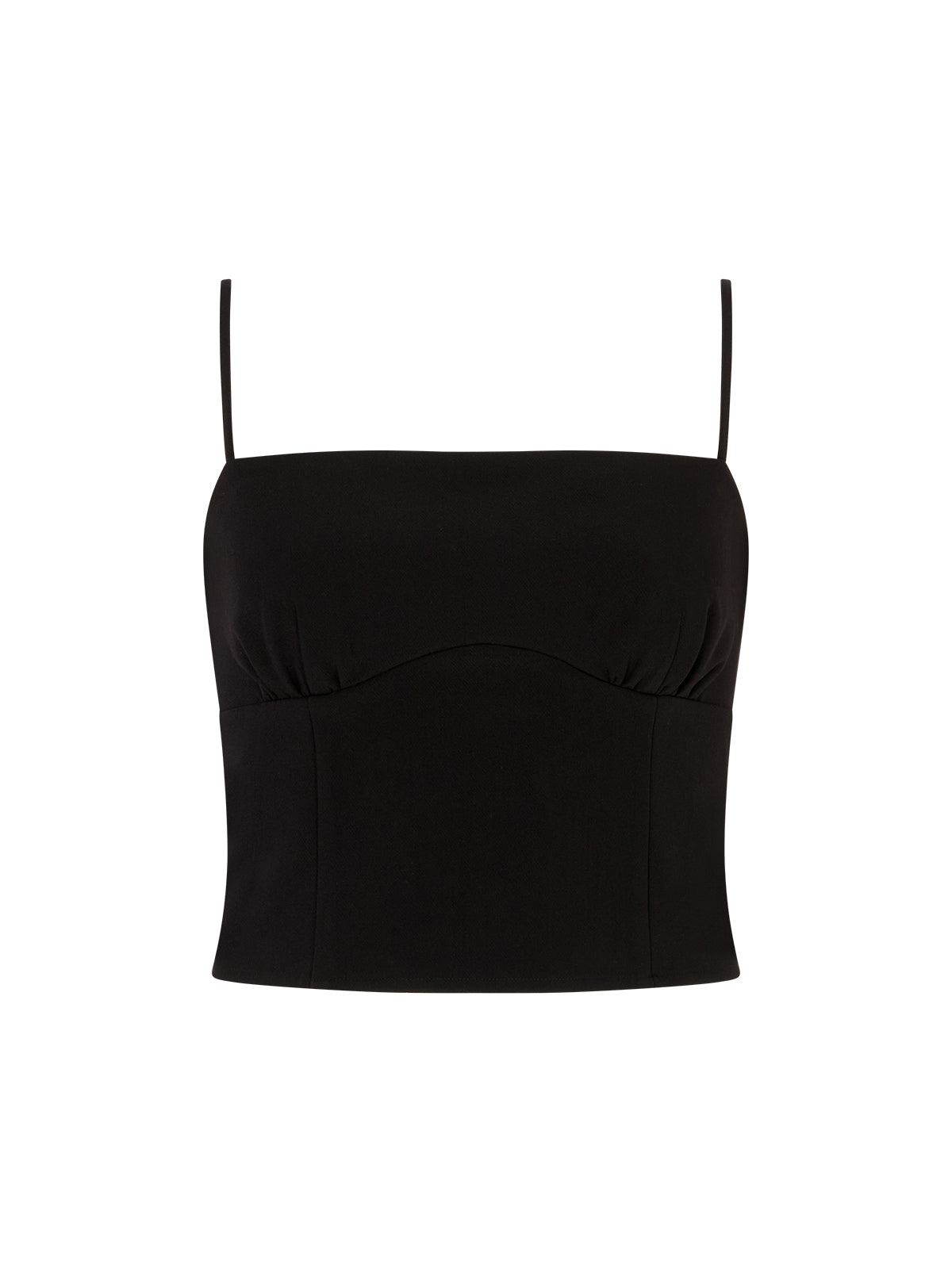 Willa Black Top by Kitri Studio. Effortlessly shifting from day-to-night, the Willa Black Top is your shortcut to instant glamour.  Designed with delicate spaghetti straps featuring adjustable ties for the perfect fit, it comes with a detachable dark chocolate faux-fur stole that transforms the look in seconds. Adjustable straps. Back-zip. Fitted. Main: 74% Polyester, 20% Rayon, 6% Elastane Faux Fur: 100% Polyester.