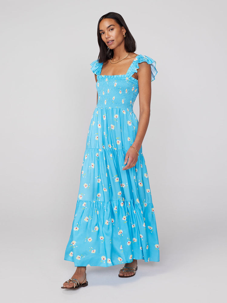Aisha Blue Pansy Print Maxi Dress
