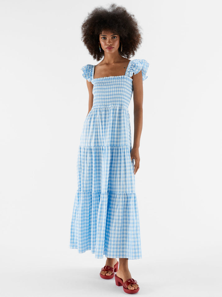 Aisha Shirred Blue Gingham Maxi Dress | KITRI Studio