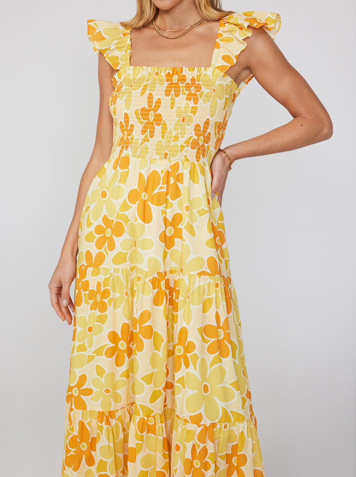 Aisha Yellow Floral Print Maxi Dress | KITRI Studio