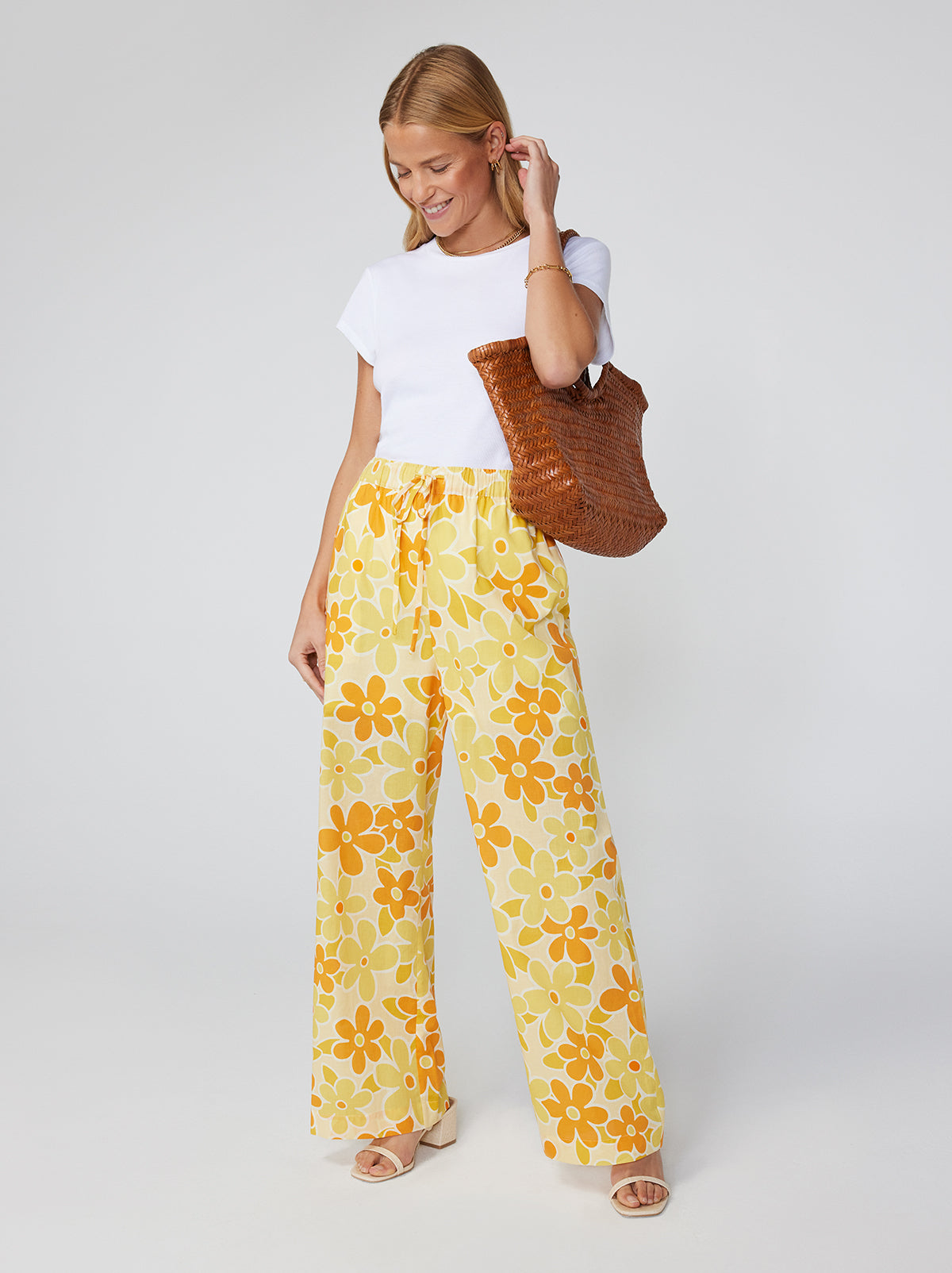 Alba Yellow Floral Print Drawstring Trousers By KITRI Studio