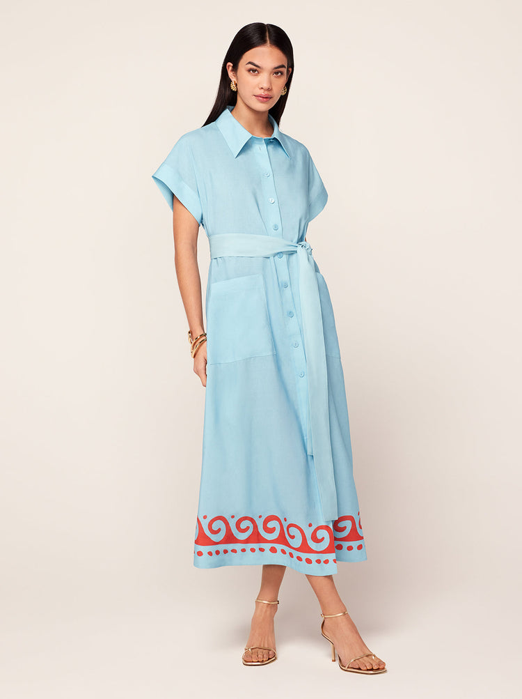 Alessandra Blue Wave Print Midi Shirt Dress By KITRI Studio