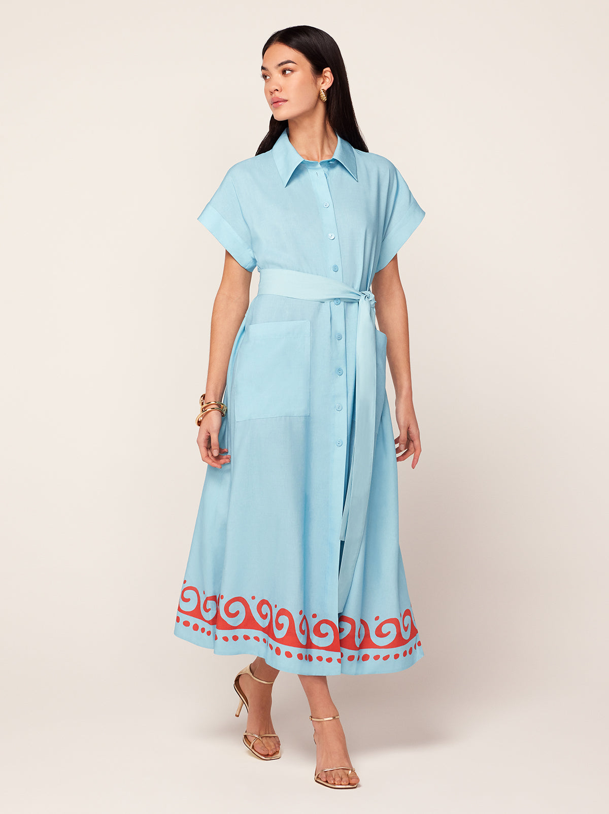 Alessandra Blue Wave Print Midi Shirt Dress By KITRI Studio