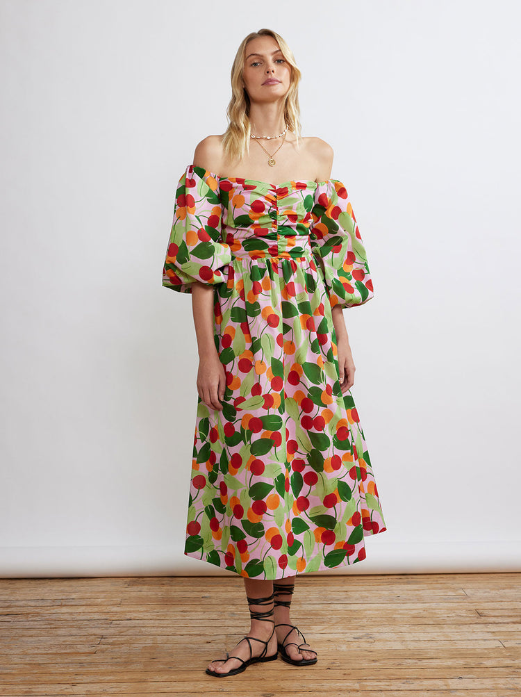 Alexis Multi Cherry Bardot Midi Dress By KITRI Studio